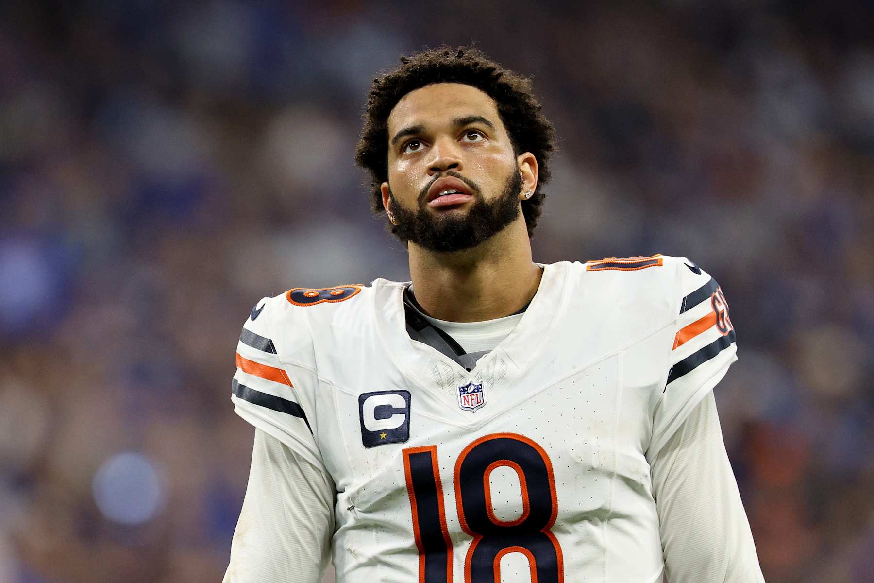 INDIANAPOLIS, INDIANA - SEPTEMBER 22: Quarterback Caleb Williams #18 of the Chicago Bears looks on against the Indianapolis Colts during the second half of the game at Lucas Oil Stadium on September 22, 2024 in Indianapolis, Indiana. (Photo by Michael Hickey/Getty Images)