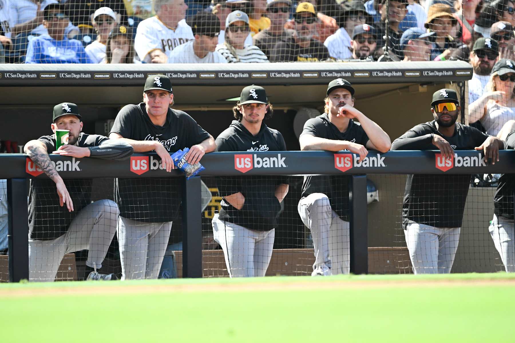 SAN DIEGO, CA - Chicago White Sox playes look out from the dugout during the fourth inning of a baseball game against the San Diego Padres, September 22, 2024 at Petco Park in San Diego, California. (Photo by Denis Poroy/Getty Images)