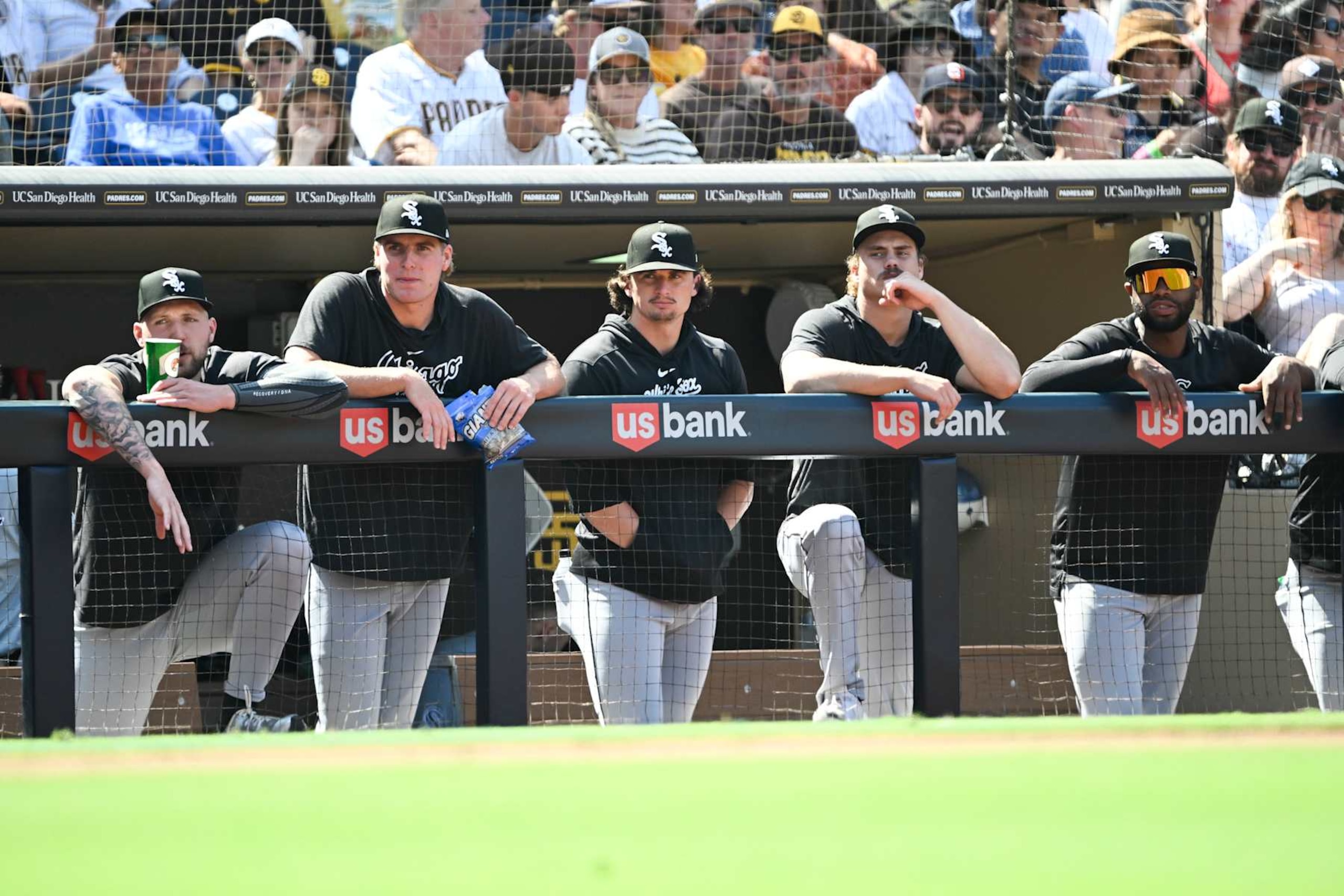 SAN DIEGO, CA - Chicago White Sox playes look out from the dugout during the fourth inning of a baseball game against the San Diego Padres, September 22, 2024 at Petco Park in San Diego, California. (Photo by Denis Poroy/Getty Images) SAN DIEGO, CA - Chicago White Sox playes look out from the dugout during the fourth inning of a baseball game against the San Diego Padres, September 22, 2024 at Petco Park in San Diego, California. (Photo by Denis Poroy/Getty Images)