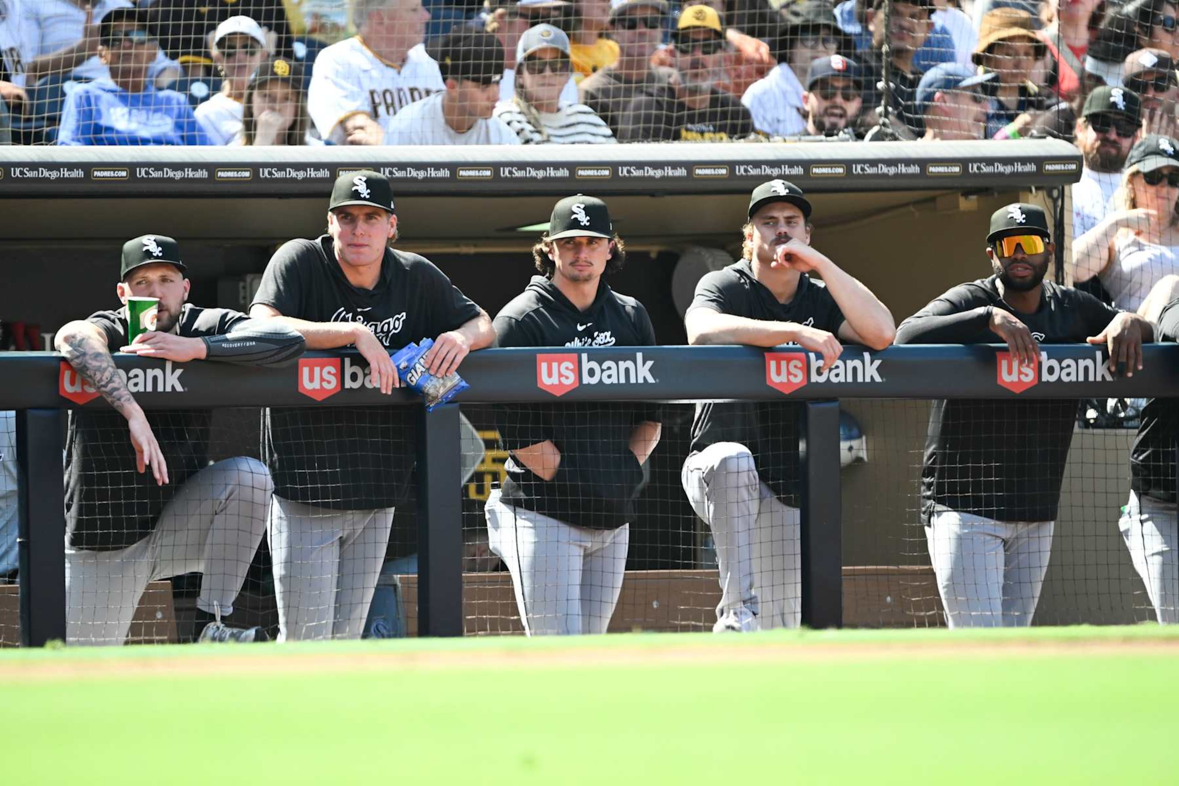 SAN DIEGO, CA - Chicago White Sox playes look out from the dugout during the fourth inning of a baseball game against the San Diego Padres, September 22, 2024 at Petco Park in San Diego, California. (Photo by Denis Poroy/Getty Images)