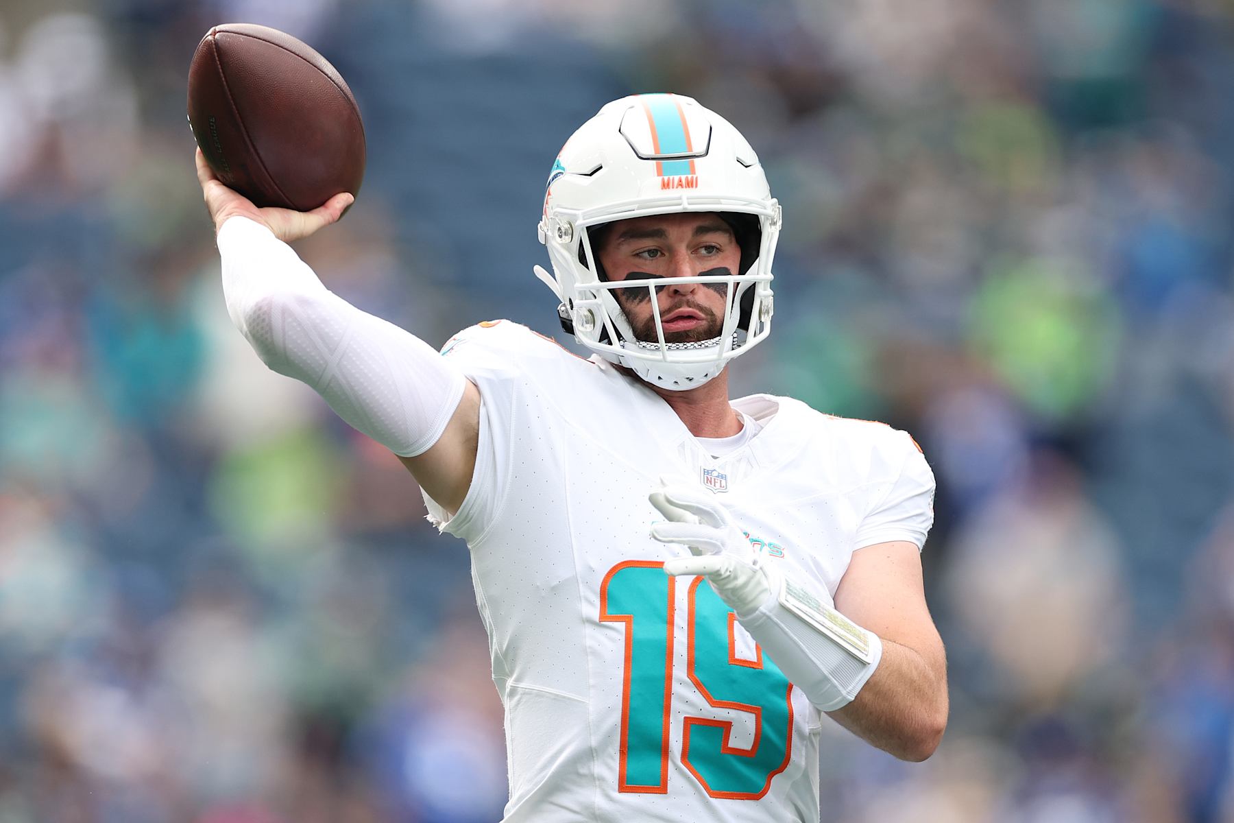 SEATTLE, WASHINGTON - SEPTEMBER 22: Quarterback Skylar Thompson #19 of the Miami Dolphins warms up before the game against the Seattle Seahawks at Lumen Field on September 22, 2024 in Seattle, Washington. (Photo by Steph Chambers/Getty Images)
