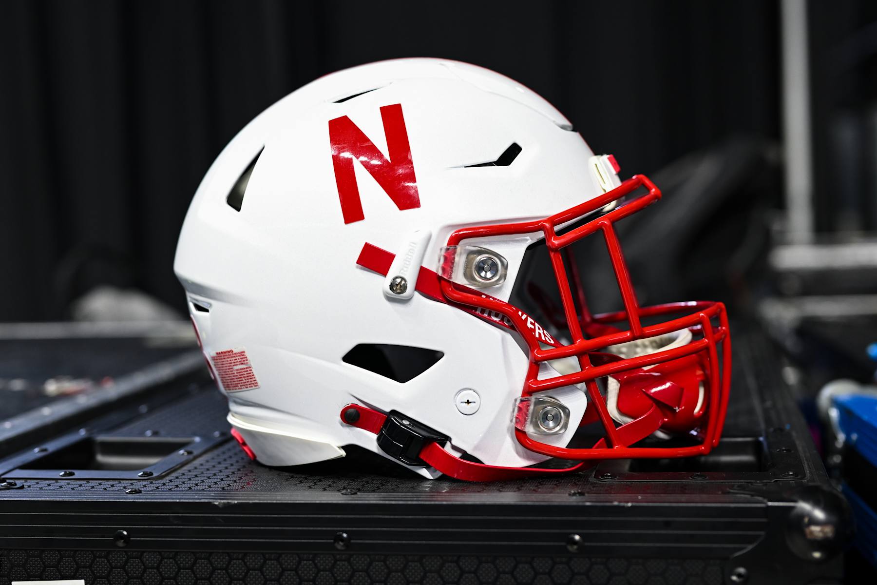 INDIANAPOLIS, IN - JULY 27: A Nebraska Cornhuskers football helmet sits on a case during the Big Ten Conference Media Days on July 27, 2023 at Lucas Oil Stadium in Indianapolis, IN (Photo by James Black/Icon Sportswire via Getty Images)
