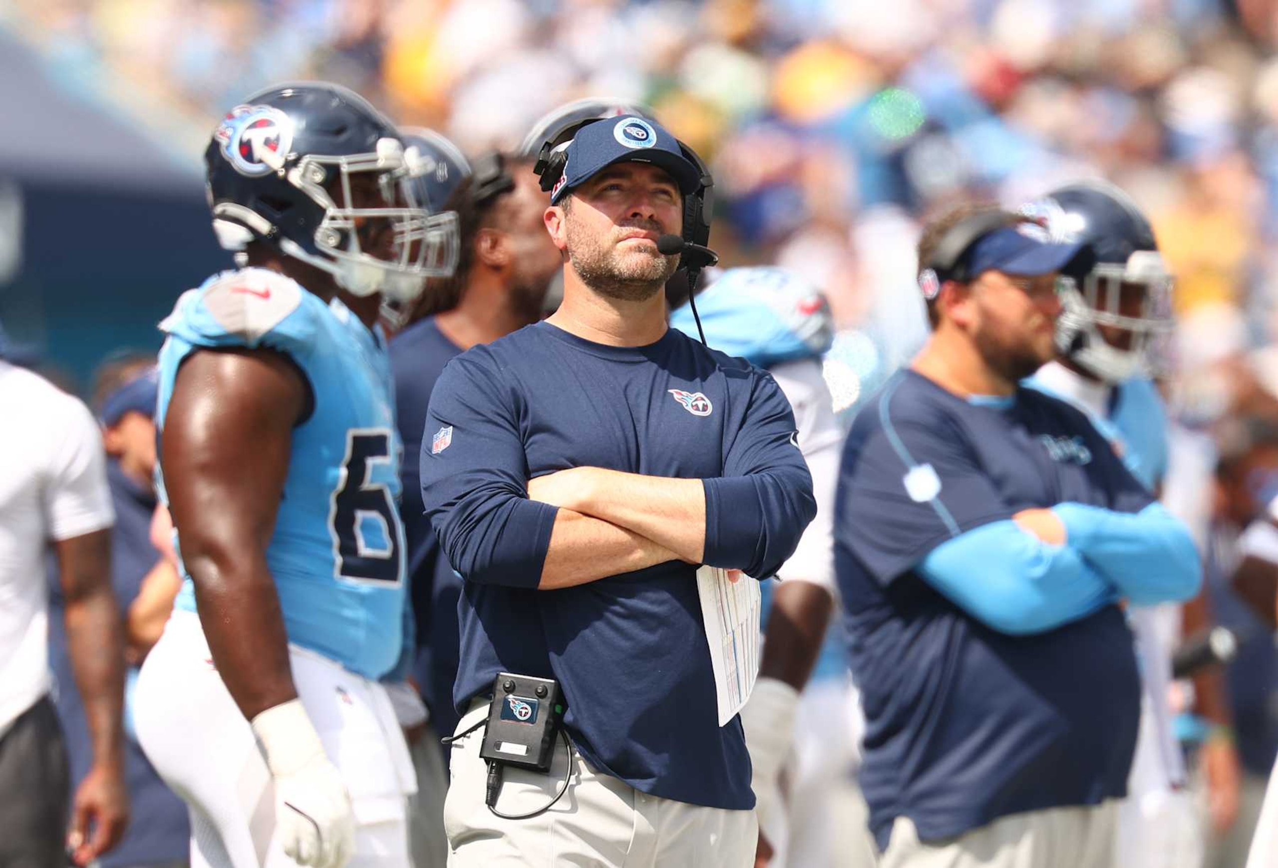 NASHVILLE, TENNESSEE - SEPTEMBER 22: Brian Callahan, head coach of the Tennessee Titans, looks on against the Green Bay Packers during the second quarter at Nissan Stadium on September 22, 2024 in Nashville, Tennessee. (Photo by Johnnie Izquierdo/Getty Images)