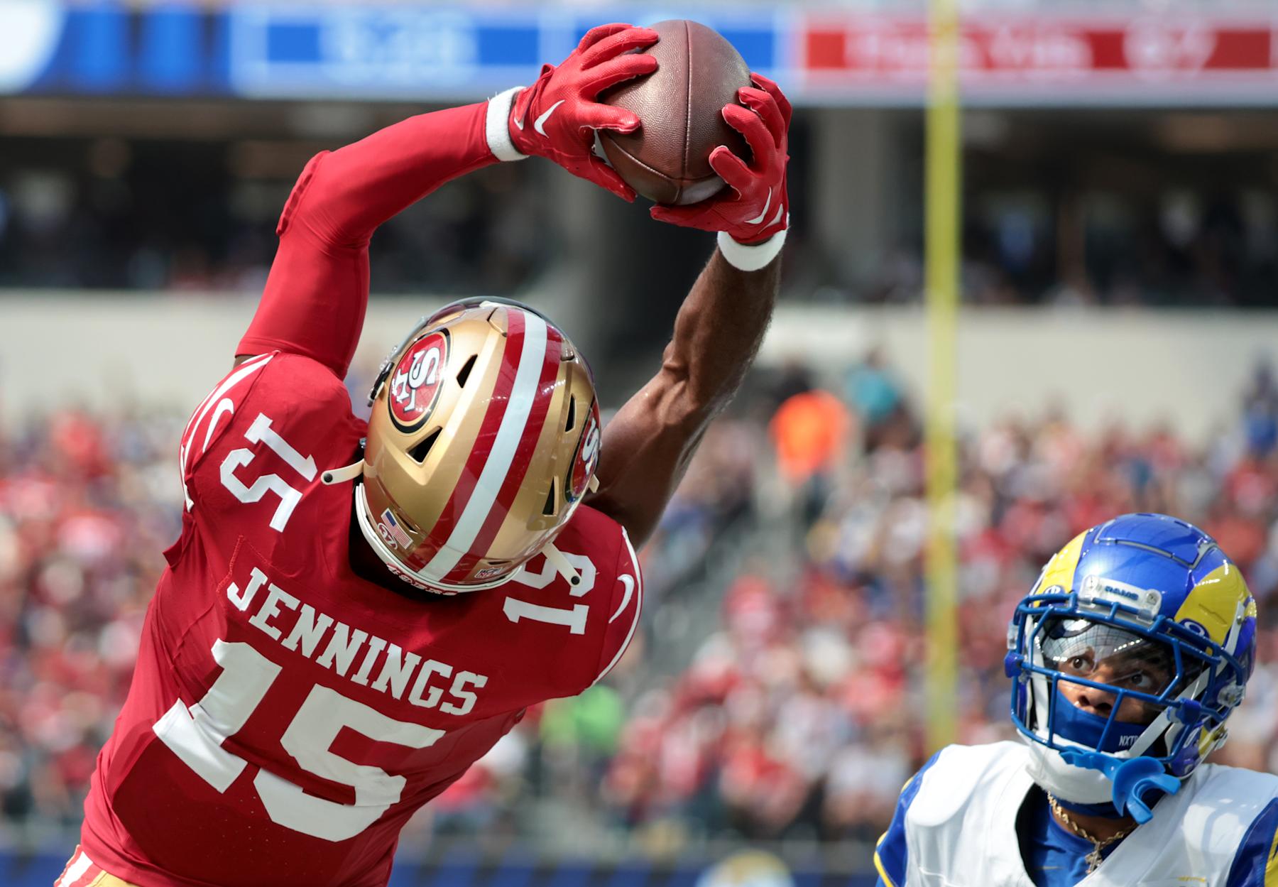 Inglewood, California September 22, 2024-49ers receiver Jauan Jennings makes a catch in front of Rams cornerback Cobie Durant but the play was called back after stepping out of bounds in the first quarter at SoFi Stadium in Inglewood Sunday. (Wally Skalij/Los Angeles Times via Getty Images)