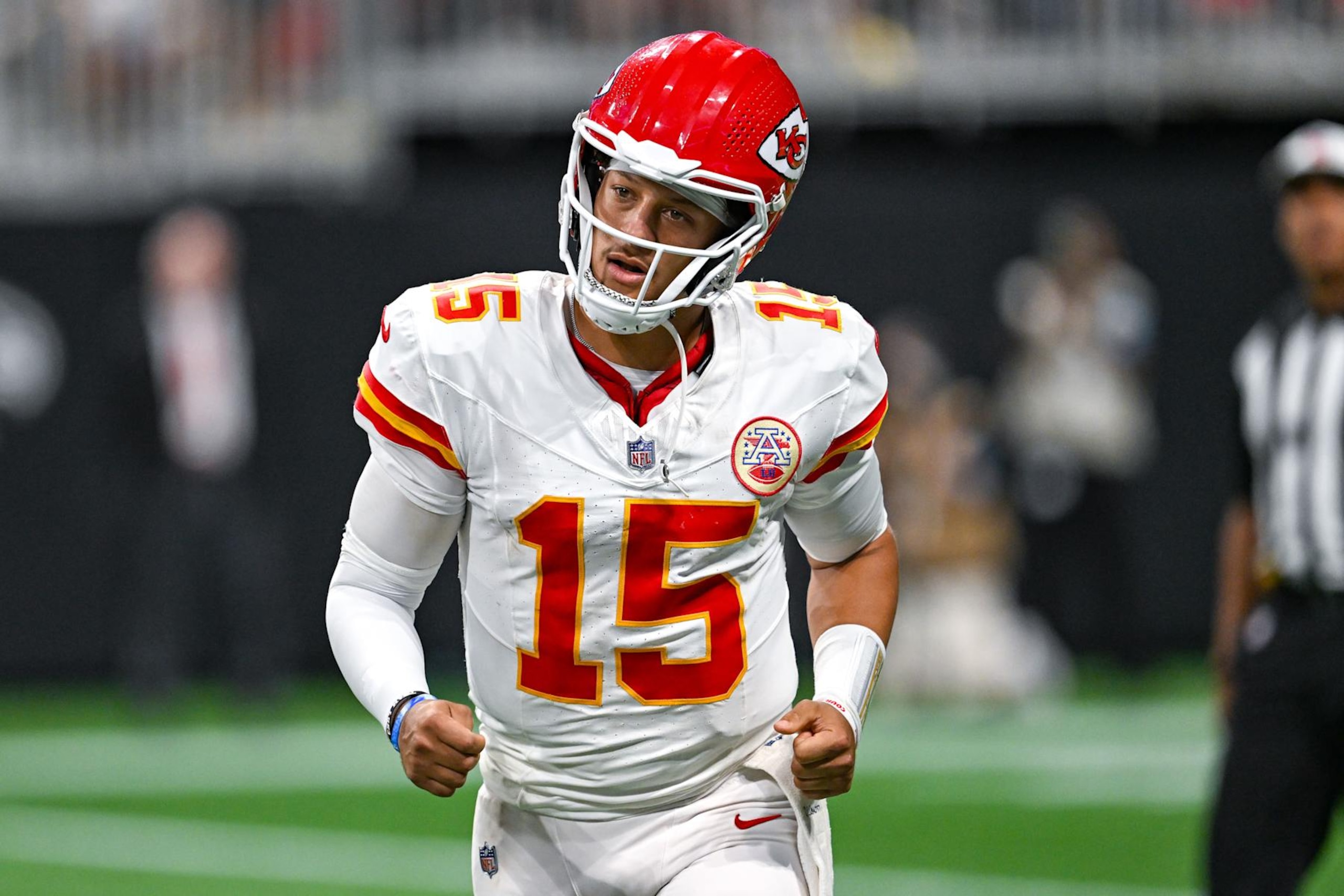 ATLANTA, GA  SEPTEMBER 22:  Kansas City quarterback Patrick Mahomes (15) reacts during the NFL game between the Kansas City Chiefs and the Atlanta Falcons on September 22nd, 2024 at Mercedes-Benz Stadium in Atlanta, GA.  (Photo by Rich von Biberstein/Icon Sportswire via Getty Images)