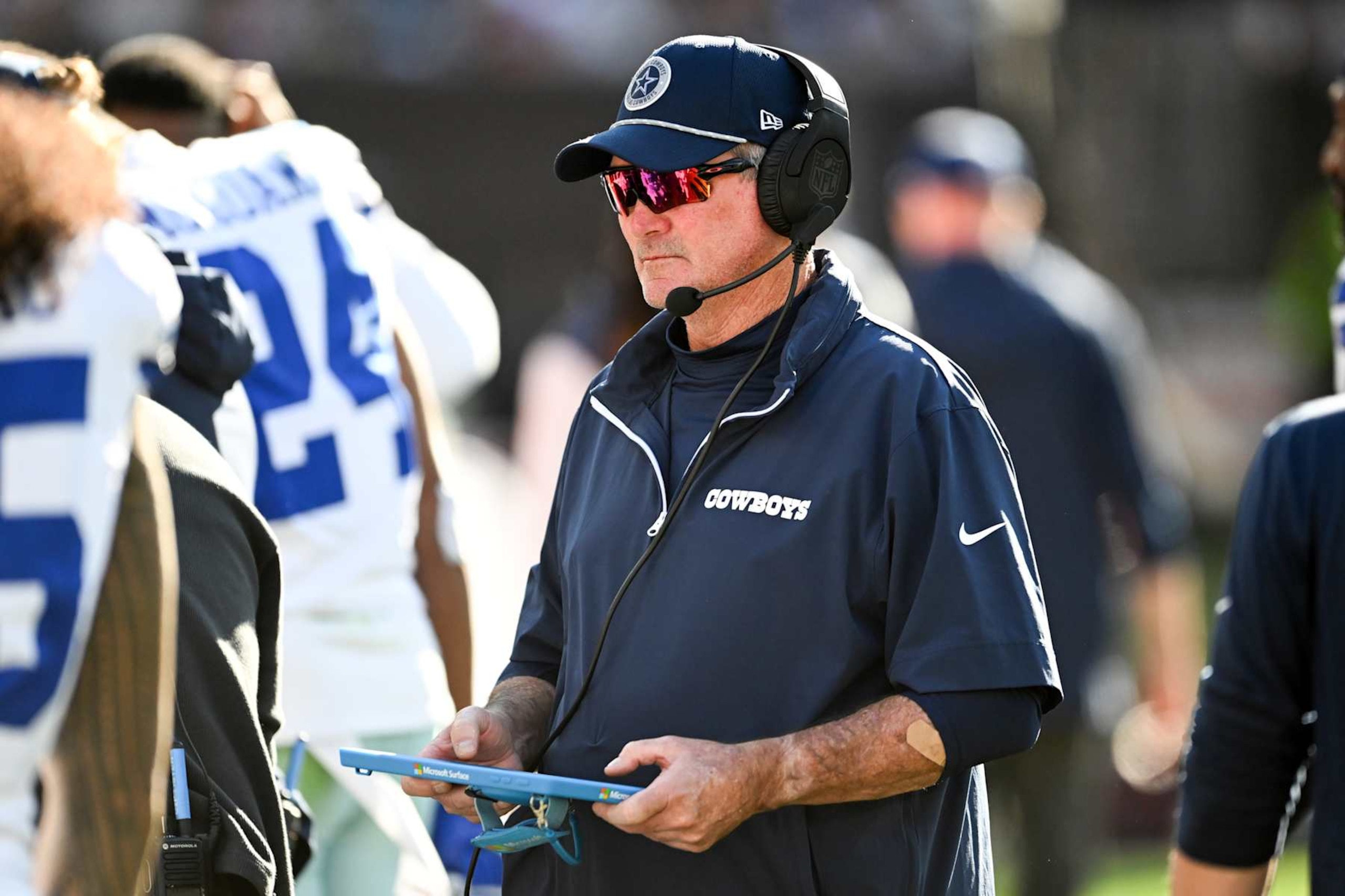 CLEVELAND, OHIO - SEPTEMBER 08: Defensive coordinator Mike Zimmer of the Dallas Cowboys looks on during the second quarter against the Cleveland Browns at Huntington Bank Field on September 08, 2024 in Cleveland, Ohio. (Photo by Nick Cammett/Diamond Images via Getty Images)