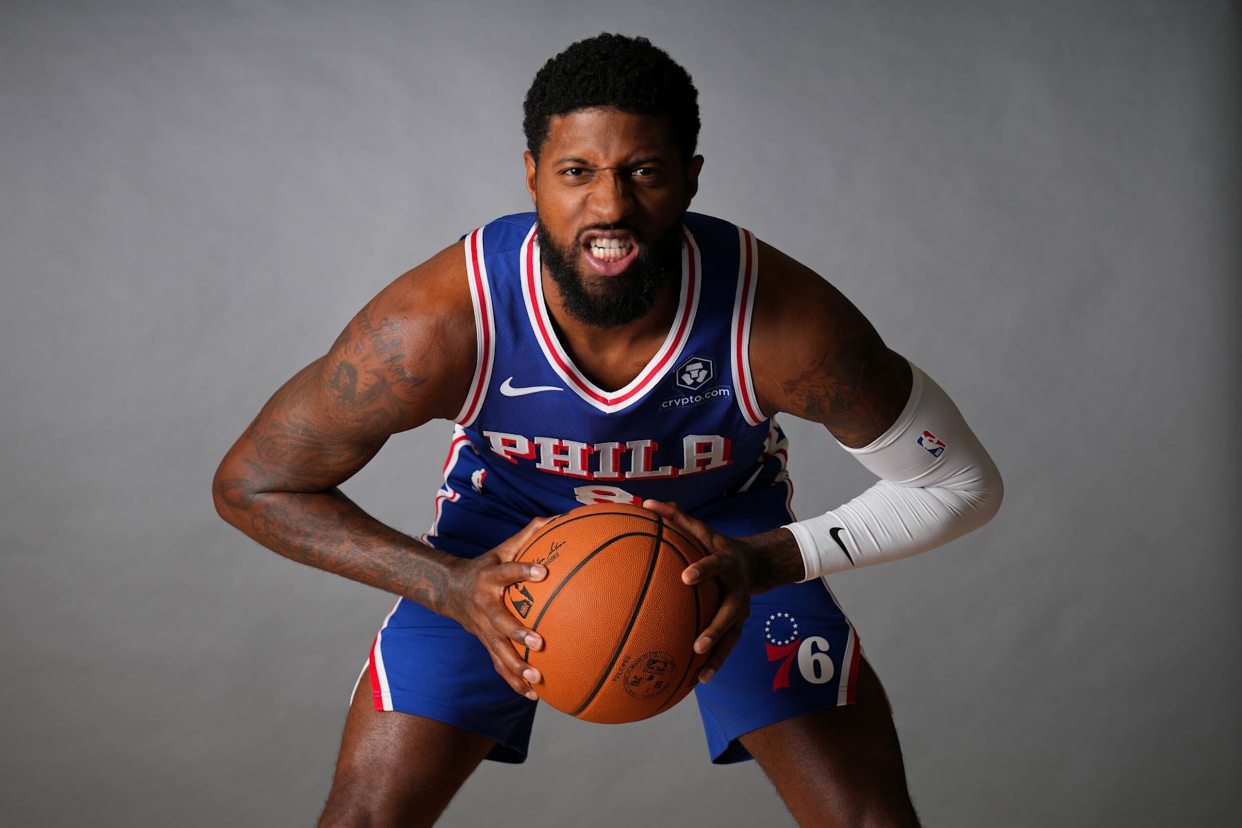 PHILADELPHIA, PA - JULY 23: Paul George #8 of the Philadelphia 76ers poses for a portrait on July 23, 2024 at the Wells Fargo Center in Philadelphia, Pennsylvania NOTE TO USER: User expressly acknowledges and agrees that, by downloading and/or using this Photograph, user is consenting to the terms and conditions of the Getty Images License Agreement. Mandatory Copyright Notice: Copyright 2024 NBAE (Photo by Jesse D. Garrabrant/NBAE via Getty Images) PHILADELPHIA, PA - JULY 23: Paul George #8 of the Philadelphia 76ers poses for a portrait on July 23, 2024 at the Wells Fargo Center in Philadelphia, Pennsylvania NOTE TO USER: User expressly acknowledges and agrees that, by downloading and/or using this Photograph, user is consenting to the terms and conditions of the Getty Images License Agreement. Mandatory Copyright Notice: Copyright 2024 NBAE (Photo by Jesse D. Garrabrant/NBAE via Getty Images)