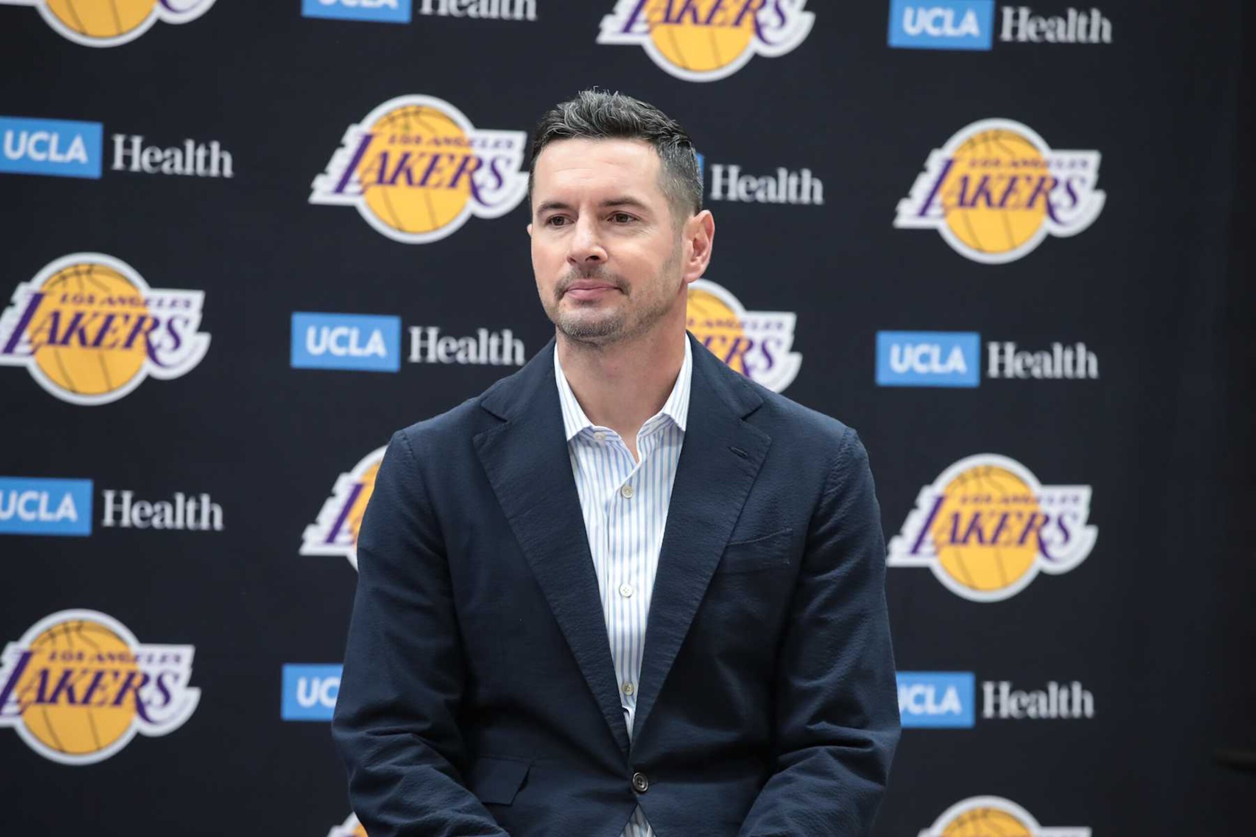 EL SEGUNDO, CA - JULY 02: Los Angeles Lakers head coach J.J. Redick during the Los Angeles Lakers welcome press conference for their NBA Draft picks on July 02, 2024, at UCLA Health Training Center in El Segundo, CA. (Photo by Jevone Moore/Icon Sportswire via Getty Images) EL SEGUNDO, CA - JULY 02: Los Angeles Lakers head coach J.J. Redick during the Los Angeles Lakers welcome press conference for their NBA Draft picks on July 02, 2024, at UCLA Health Training Center in El Segundo, CA. (Photo by Jevone Moore/Icon Sportswire via Getty Images)