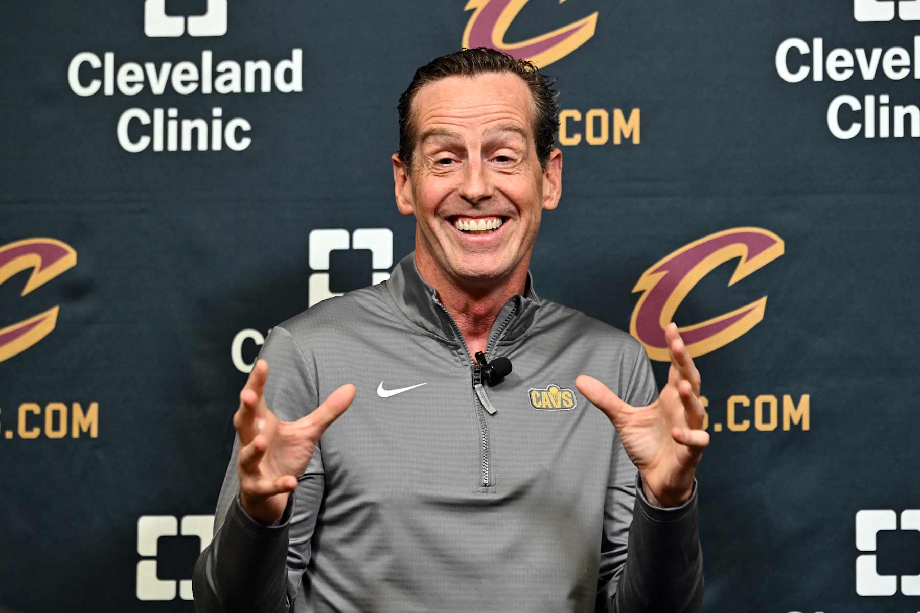 INDEPENDENCE, OHIO - JULY 01: Kenny Atkinson the new head coach of the Cleveland Cavaliers talks to the media during a press conference at Cleveland Clinic Courts on July 01, 2024 in Independence, Ohio. NOTE TO USER: User expressly acknowledges and agrees that, by downloading and or using this photograph, User is consenting to the terms and conditions of the Getty Images License Agreement. (Photo by Jason Miller/Getty Images)