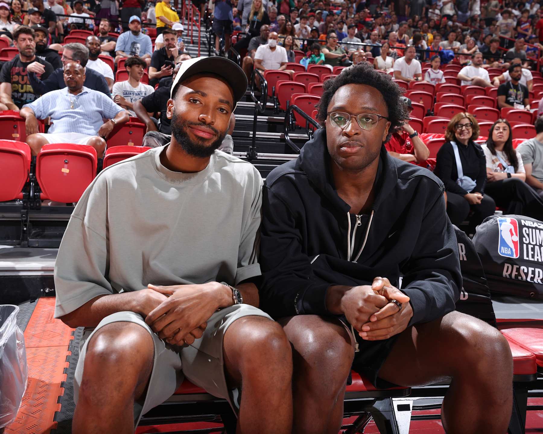 LAS VEGAS, NV - JULY 13:  Mikal Bridges of the New York Knicks and OG Anunoby #8 of the New York Knicks poses for a photo during the game between the Charlotte Hornets and New York Knicks on July 13, 2024 at the Thomas & Mack Center in Las Vegas, Nevada. NOTE TO USER: User expressly acknowledges and agrees that, by downloading and or using this photograph, User is consenting to the terms and conditions of the Getty Images License Agreement. Mandatory Copyright Notice: Copyright 2024 NBAE (Photo by Stephen Gosling/NBAE via Getty Images)