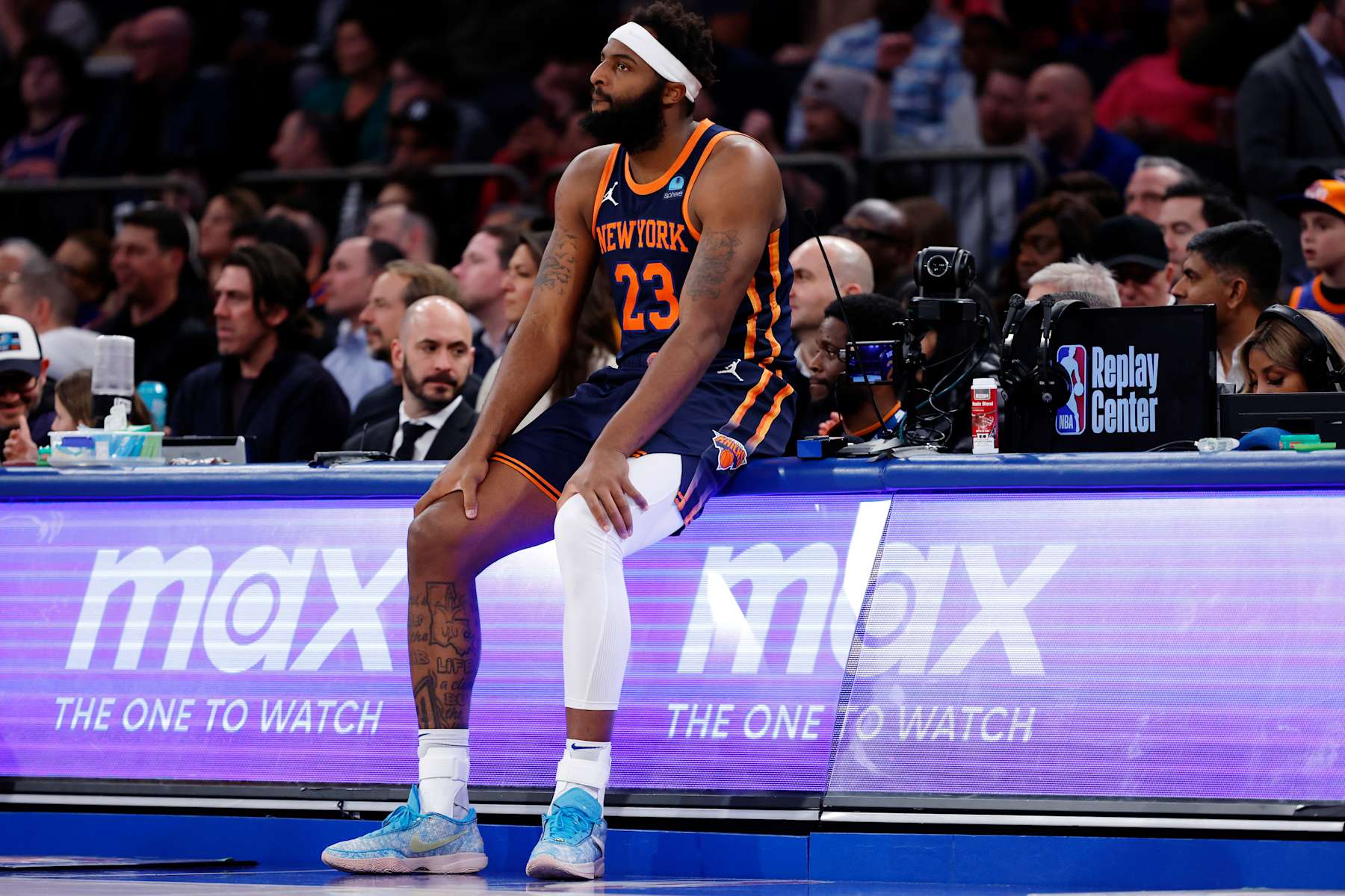 NEW YORK, NEW YORK - APRIL 04: Mitchell Robinson #23 of the New York Knicks prepares to enter the game during the second half against the Sacramento Kings at Madison Square Garden on April 04, 2024 in New York City. The Knicks won 120-109. NOTE TO USER: User expressly acknowledges and agrees that, by downloading and/or using this Photograph, user is consenting to the terms and conditions of the Getty Images License Agreement. (Photo by Sarah Stier/Getty Images)