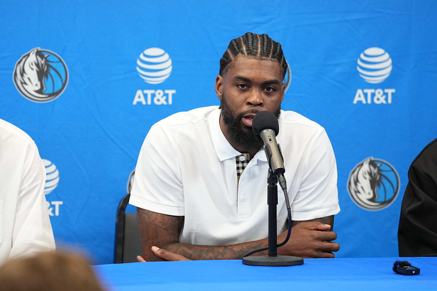 DALLAS TX - JULY 9: The Dallas Mavericks Naji Marshall talks to the media during a press conference on July 9, 2024 at American Airlines Arena in Dallas Texas. NOTE TO USER: User expressly acknowledges and agrees that, by downloading and or using this photograph, user is consenting to the terms and conditions of the Getty Images License Agreement. Mandatory Copyright Notice: Copyright 2024 NBAE (Photos by Glenn James/NBAE via Getty Images)