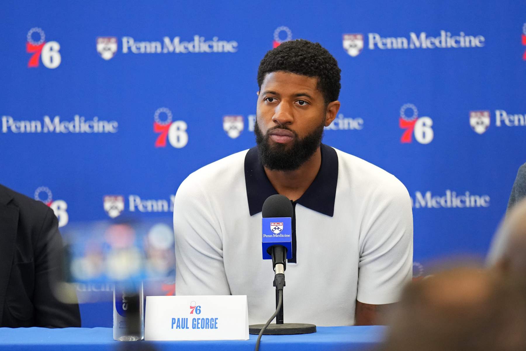 PHILADELPHIA, PA - JULY 23: Paul George #8 of the Philadelphia 76ers talks to the media during his Philadelphia 76ers introductory press conference on July 23, 2024 at the Wells Fargo Center in Philadelphia, Pennsylvania NOTE TO USER: User expressly acknowledges and agrees that, by downloading and/or using this Photograph, user is consenting to the terms and conditions of the Getty Images License Agreement. Mandatory Copyright Notice: Copyright 2024 NBAE (Photo by Jesse D. Garrabrant/NBAE via Getty Images)
