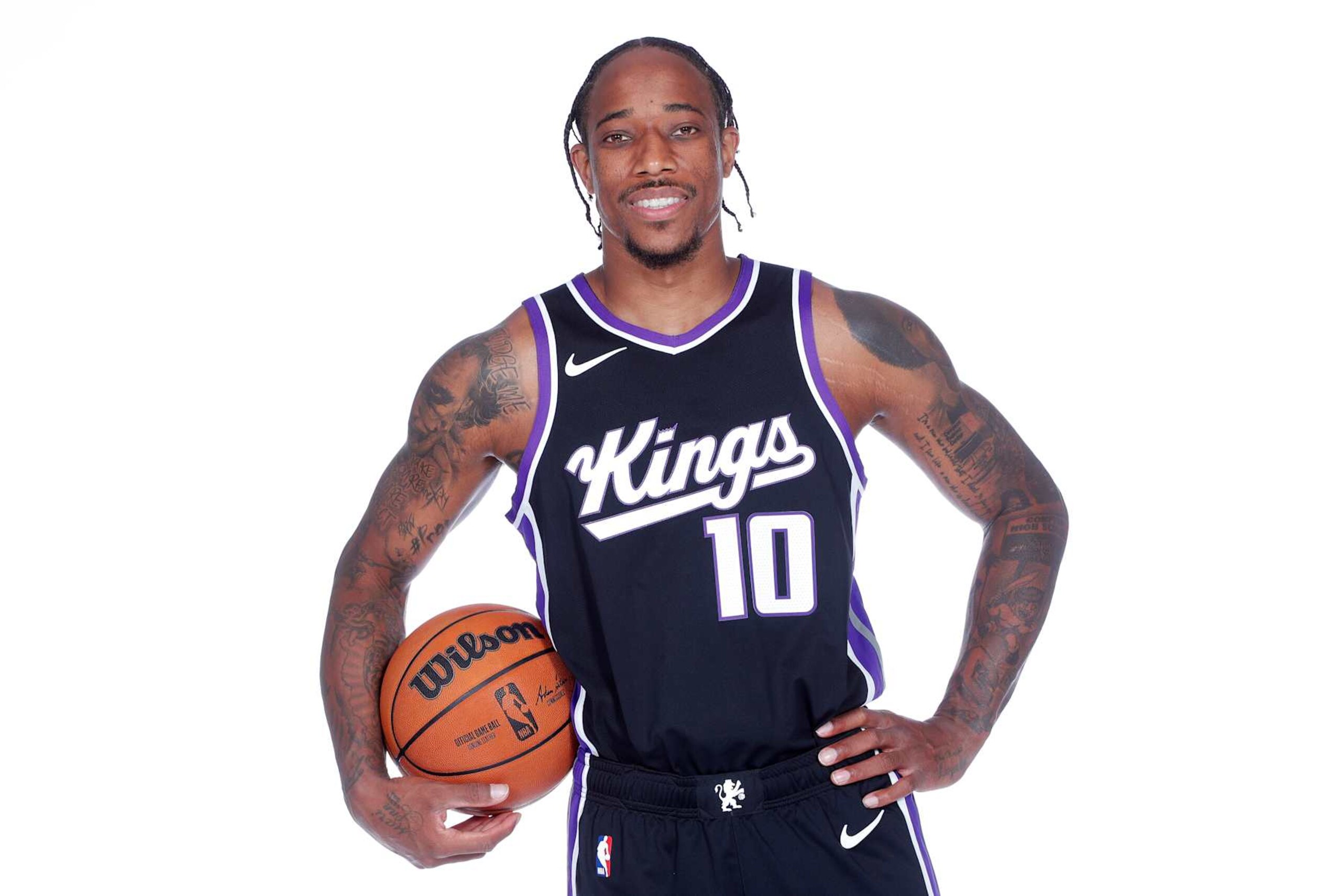 SACRAMENTO, CA - JULY 9: DeMar DeRozan #10 of the Sacramento Kings poses for a portrait on July 9, 2024 at the Golden 1 Center in Sacramento, California. NOTE TO USER: User expressly acknowledges and agrees that, by downloading and/or using this Photograph, user is consenting to the terms and conditions of the Getty Images License Agreement. Mandatory Copyright Notice: Copyright 2024 NBAE (Photo by Rocky Widner/NBAE via Getty Images) SACRAMENTO, CA - JULY 9: DeMar DeRozan #10 of the Sacramento Kings poses for a portrait on July 9, 2024 at the Golden 1 Center in Sacramento, California. NOTE TO USER: User expressly acknowledges and agrees that, by downloading and/or using this Photograph, user is consenting to the terms and conditions of the Getty Images License Agreement. Mandatory Copyright Notice: Copyright 2024 NBAE (Photo by Rocky Widner/NBAE via Getty Images)