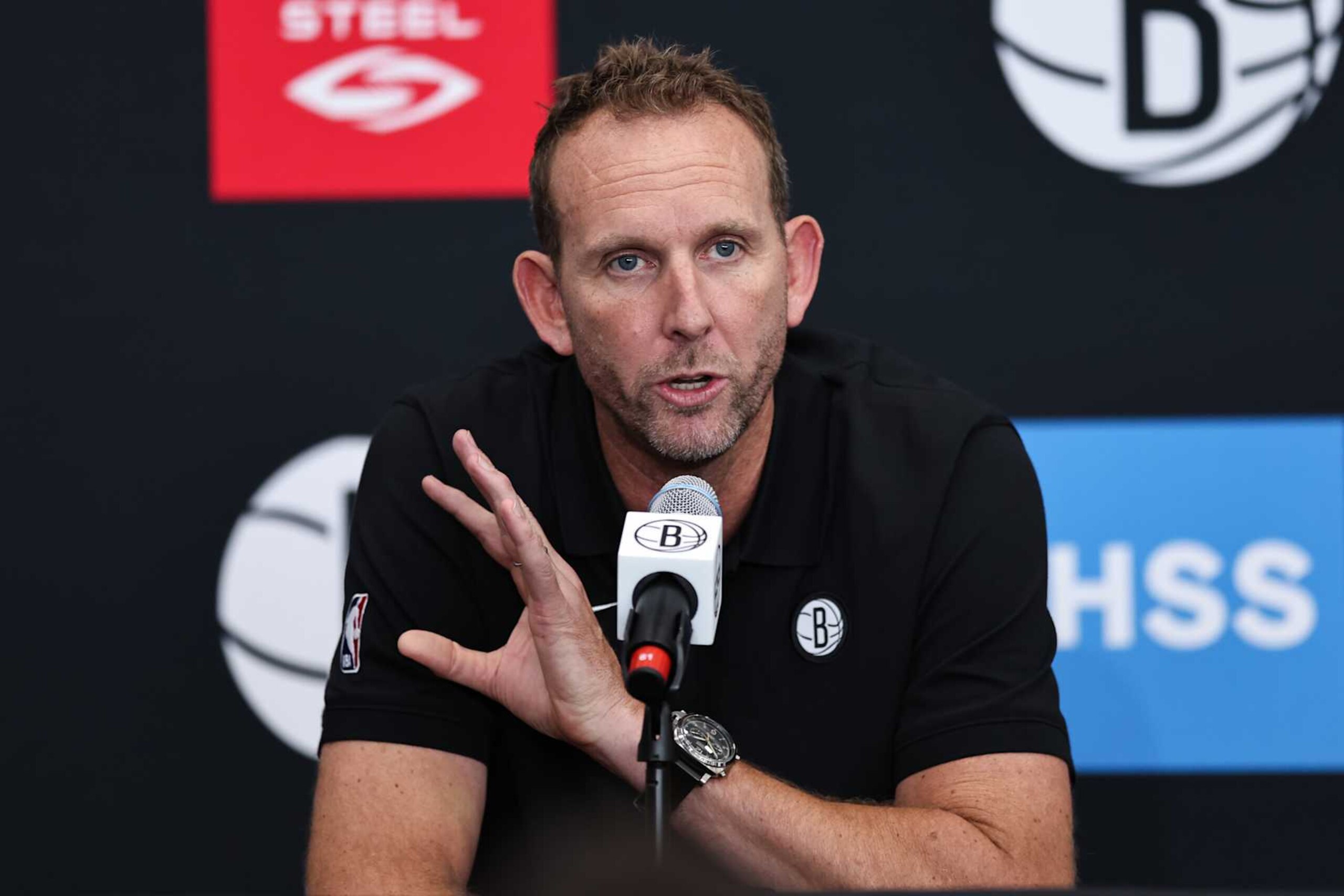 NEW YORK, NEW YORK - SEPTEMBER 26: General Manager Sean Marks of the Brooklyn Nets speaks at the podium during a press conference at Brooklyn Nets Media Day at HSS Training Center on September 26, 2022 in the Brooklyn borough of New York City. NOTE TO USER: User expressly acknowledges and agrees that, by downloading and/or using this photograph, User is consenting to the terms and conditions of the Getty Images License Agreement. (Photo by Dustin Satloff/Getty Images) NEW YORK, NEW YORK - SEPTEMBER 26: General Manager Sean Marks of the Brooklyn Nets speaks at the podium during a press conference at Brooklyn Nets Media Day at HSS Training Center on September 26, 2022 in the Brooklyn borough of New York City. NOTE TO USER: User expressly acknowledges and agrees that, by downloading and/or using this photograph, User is consenting to the terms and conditions of the Getty Images License Agreement. (Photo by Dustin Satloff/Getty Images)