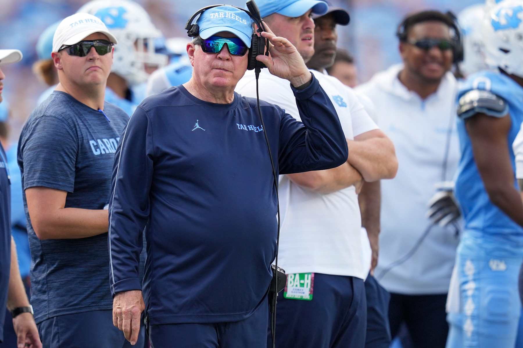 CHAPEL HILL, NORTH CAROLINA - SEPTEMBER 21: Head coach Mack Brown of the North Carolina Tar Heels watches his team play against the James Madison Dukes during the game at Kenan Memorial Stadium on September 21, 2024 in Chapel Hill, North Carolina. The Dukes won 70-50. (Photo by Grant Halverson/Getty Images)