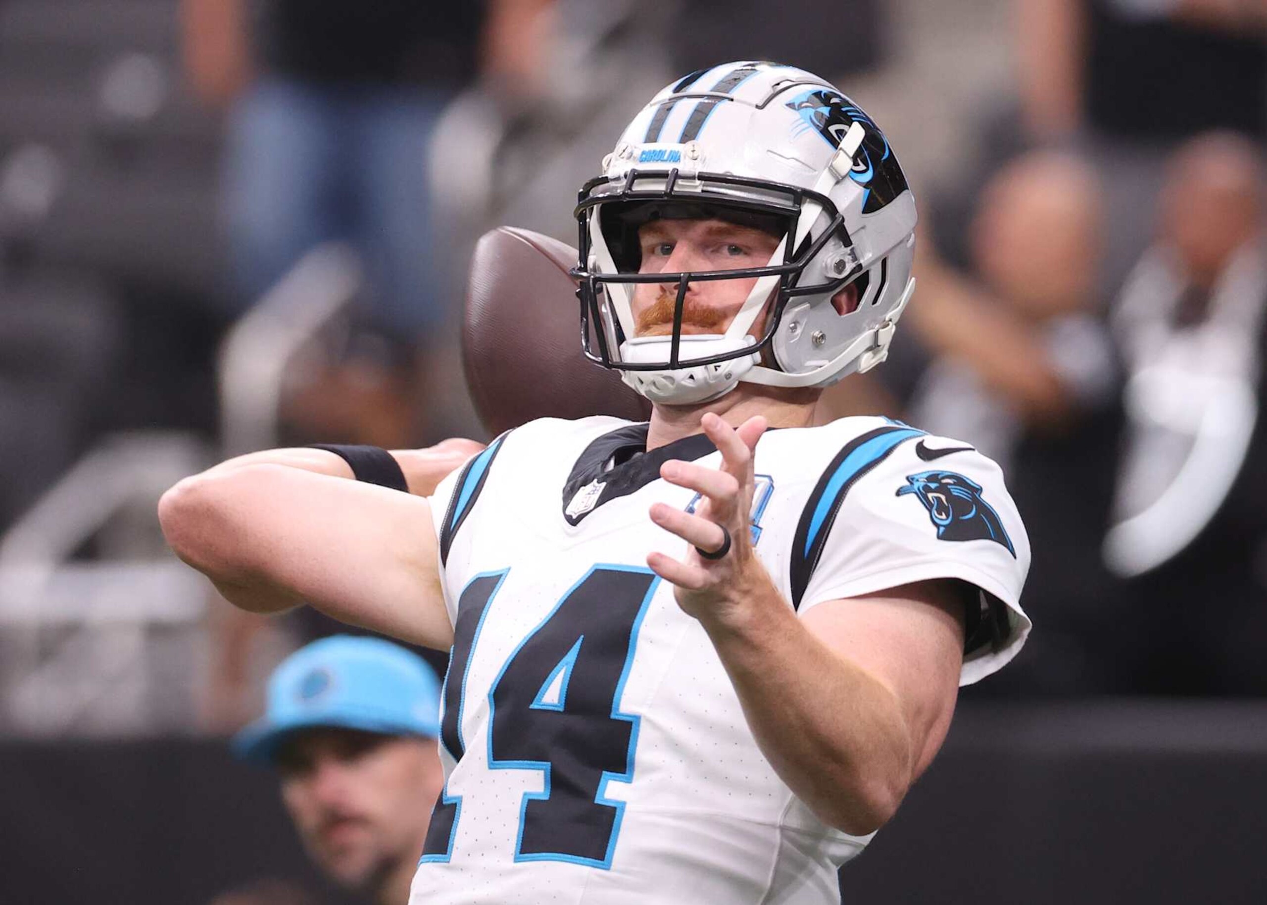 LAS VEGAS, NEVADA - SEPTEMBER 22: Quarterback Andy Dalton #14 of the Carolina Panthers warms up before the game against the Las Vegas Raiders at Allegiant Stadium on September 22, 2024 in Las Vegas, Nevada. (Photo by Ian Maule/Getty Images)