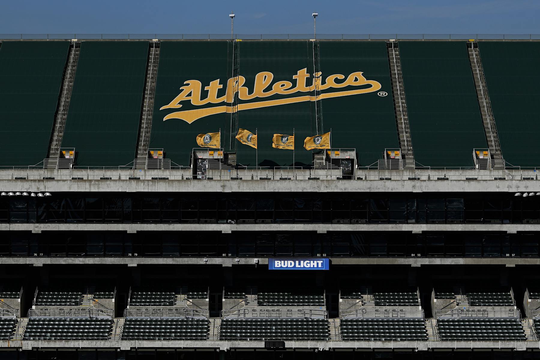 OAKLAND, CALIFORNIA - JUNE 18: The Oakland Athletics logo is seen in the stands before their game against the Kansas City Royals at Oakland Coliseum on June 18, 2024 in Oakland, California. (Photo by Eakin Howard/Getty Images)