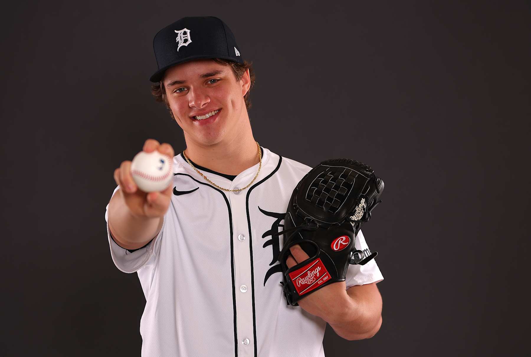 LAKELAND, FLORIDA - FEBRUARY 23:  Jackson Jobe #78 of the Detroit Tigers poses for a portrait during photo day at Publix Field at Joker Marchant Stadium on February 23, 2024 in Lakeland, Florida. (Photo by Kevin C. Cox/Getty Images)