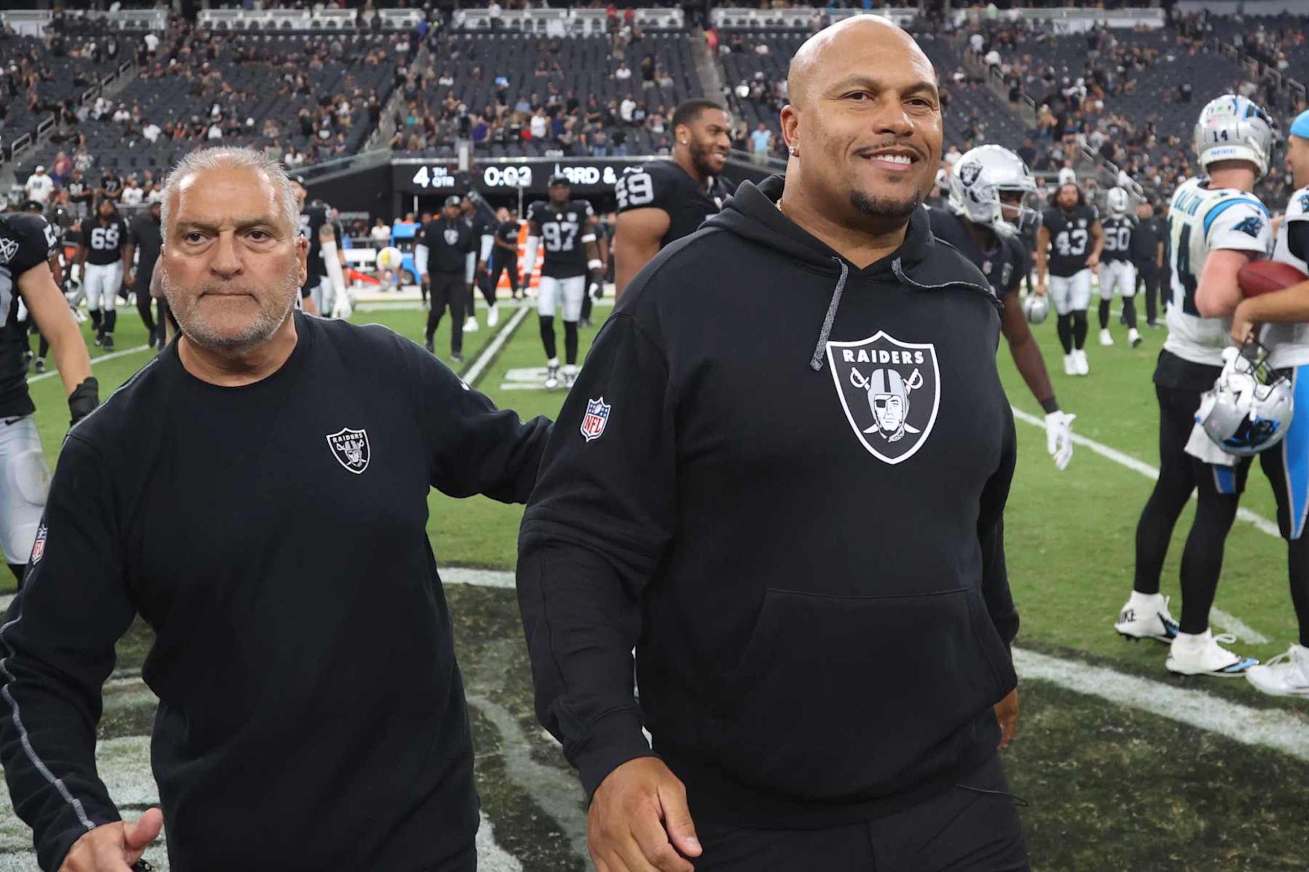 LAS VEGAS, NEVADA - SEPTEMBER 22: Head coach Antonio Pierce of the Las Vegas Raiders looks on after losing to the Carolina Panthers 36+22 at Allegiant Stadium on September 22, 2024 in Las Vegas, Nevada. (Photo by Ian Maule/Getty Images)