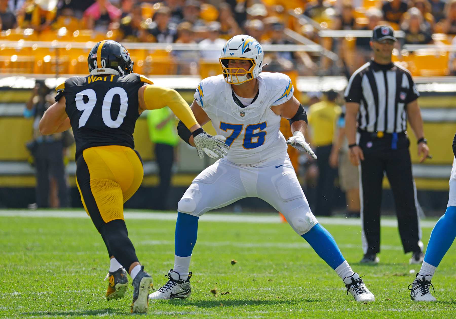 PITTSBURGH, PA - SEPTEMBER 22:  Joe Alt #76 of the Los Angeles Chargers in action against the Pittsburgh Steelers on September 22, 2024 at Acrisure Stadium in Pittsburgh, Pennsylvania.  (Photo by Justin K. Aller/Getty Images)