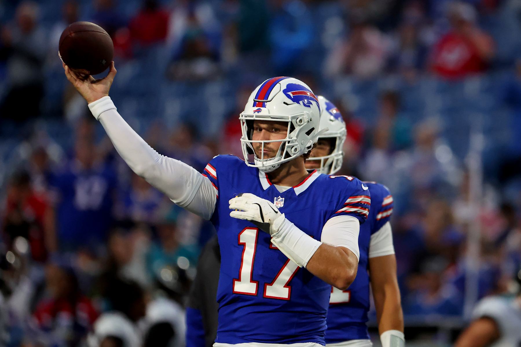 ORCHARD PARK, NEW YORK - SEPTEMBER 23: Josh Allen #17 of the Buffalo Bills warms up prior to the game against the Jacksonville Jaguars at Highmark Stadium on September 23, 2024 in Orchard Park, New York. (Photo by Timothy T Ludwig/Getty Images)