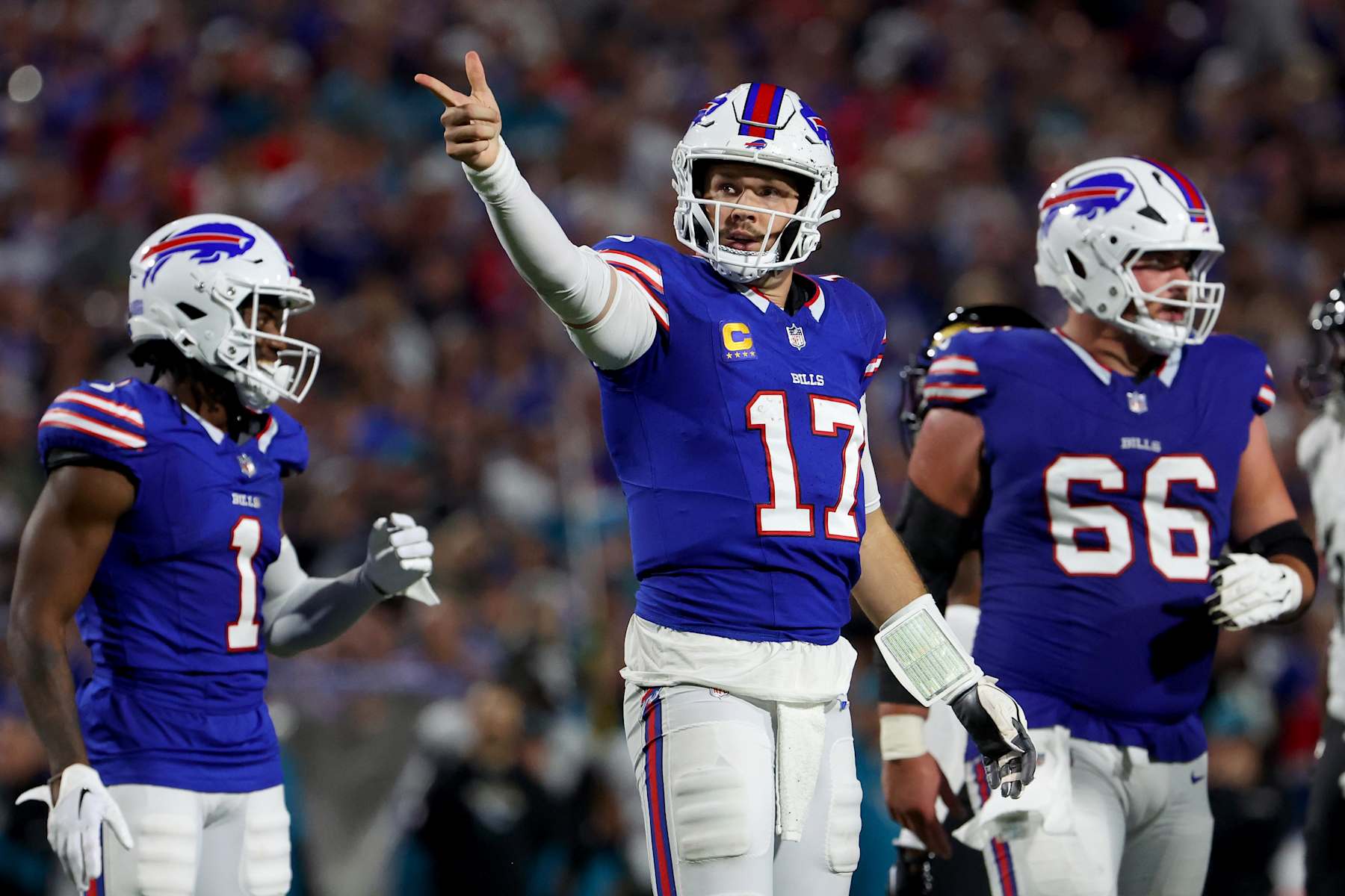 ORCHARD PARK, NEW YORK - SEPTEMBER 23: Josh Allen #17 of the Buffalo Bills reacts after a first down during the second quarter against the Jacksonville Jaguars at Highmark Stadium on September 23, 2024 in Orchard Park, New York. (Photo by Timothy T Ludwig/Getty Images)