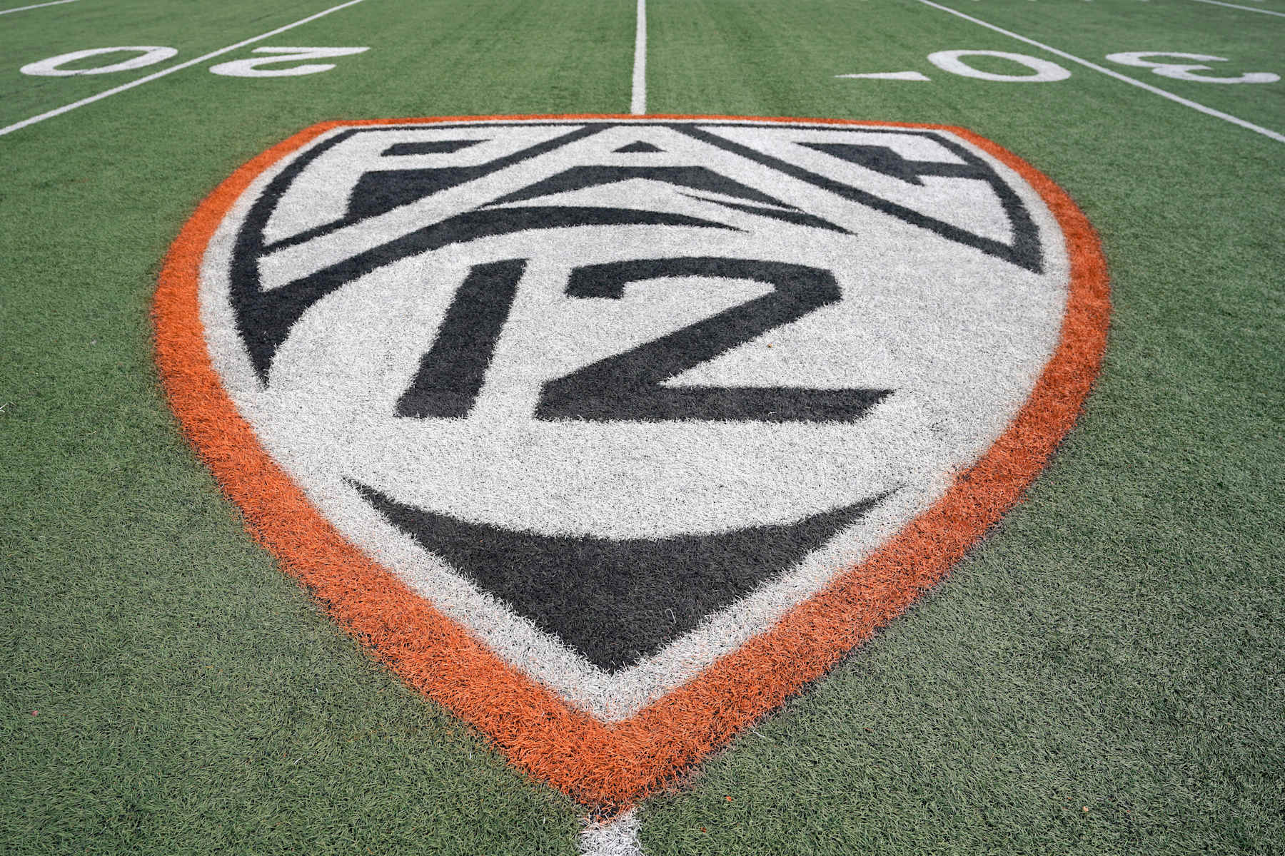 CORVALLIS, OREGON - SEPTEMBER 14: A view of the PAC-12 field logo before the game between the Oregon Ducks and the Oregon State Beavers at Reser Stadium on September 14, 2024 in Corvallis, Oregon.  (Photo by Soobum Im/Getty Images)
