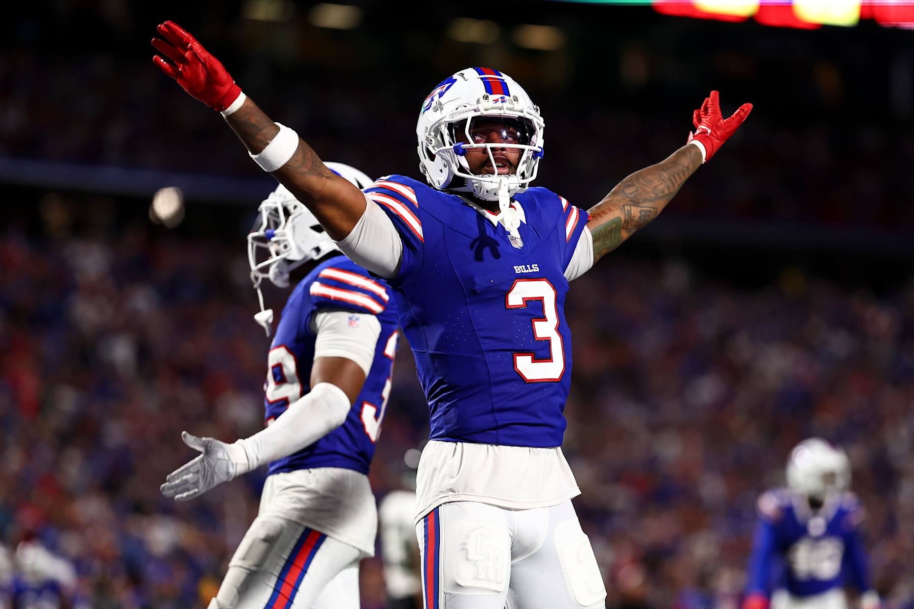 ORCHARD PARK, NY - SEPTEMBER 23: Damar Hamlin #3 of the Buffalo Bills celebrates after a play during the fourth quarter of an NFL football game against the Jacksonville Jaguars at Highmark Stadium on September 23, 2024 in Orchard Park, New York. (Photo by Kevin Sabitus/Getty Images)