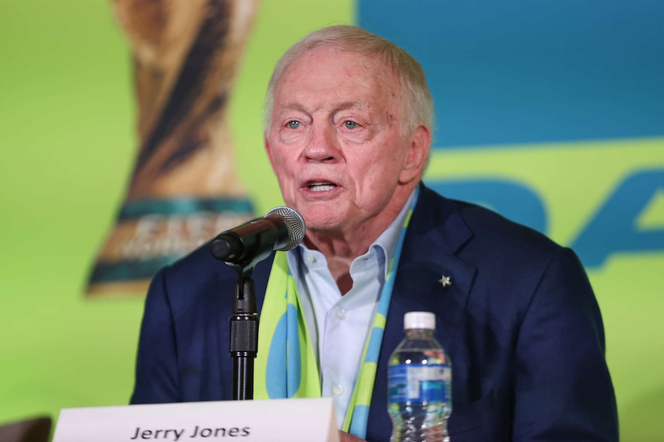 ARLINGTON, TEXAS - FEBRUARY 4: Owner and general manager of the Dallas Cowboys Jerry Jones speaks during the FIFA World Cup 2026 Match Schedule Announcement at AT&T Stadium on February 4, 2024 in Arlington, Texas. (Photo by Omar Vega/Getty Images)
