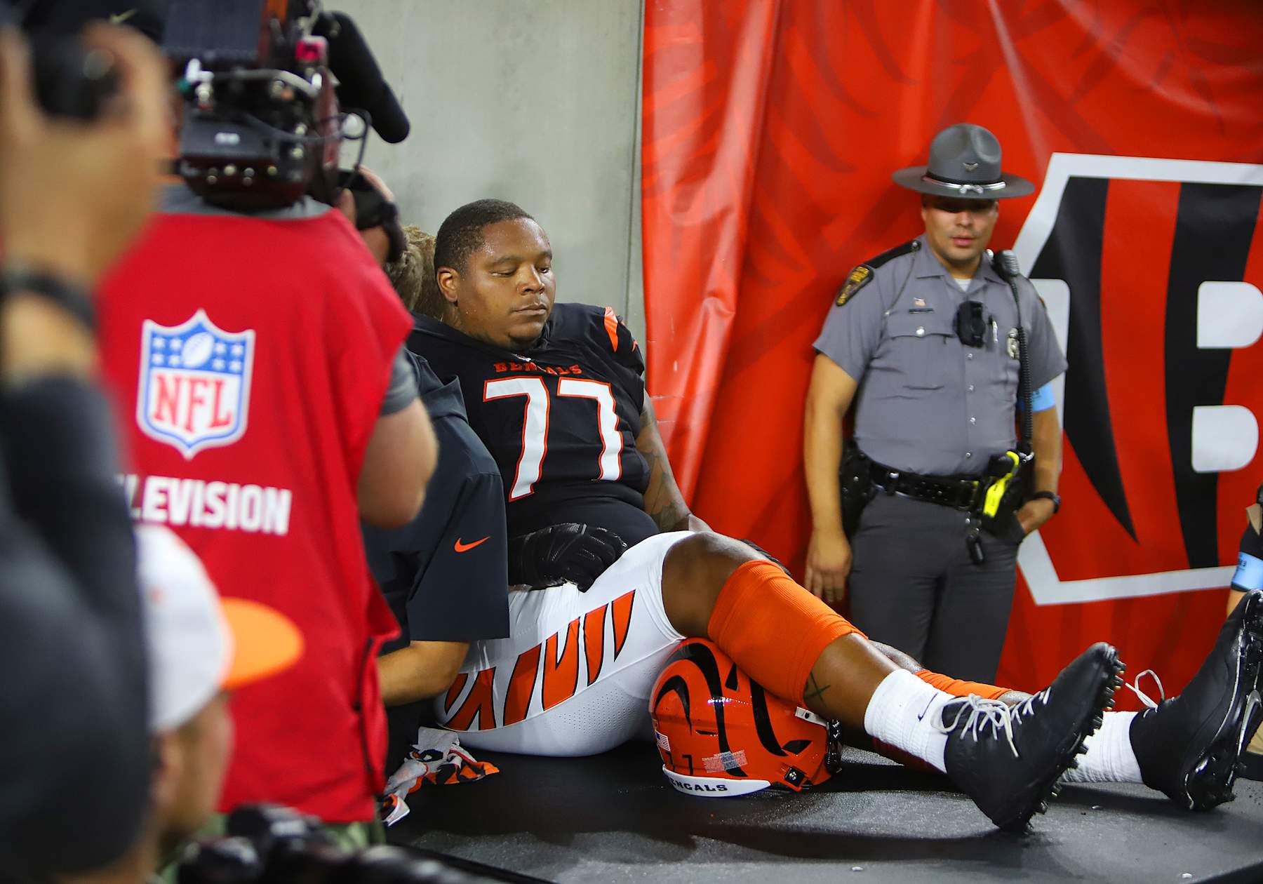 CINCINNATI, OH - SEPTEMBER 23 - Cincinnati Bengals offensive tackle Trent Brown (77) is carted off the field in a game between the Washington Commanders and the Cincinnati Bengals at Paycor Stadium on Monday, September 23, 2024. (Photo by Jeff Moreland/Icon Sportswire via Getty Images)