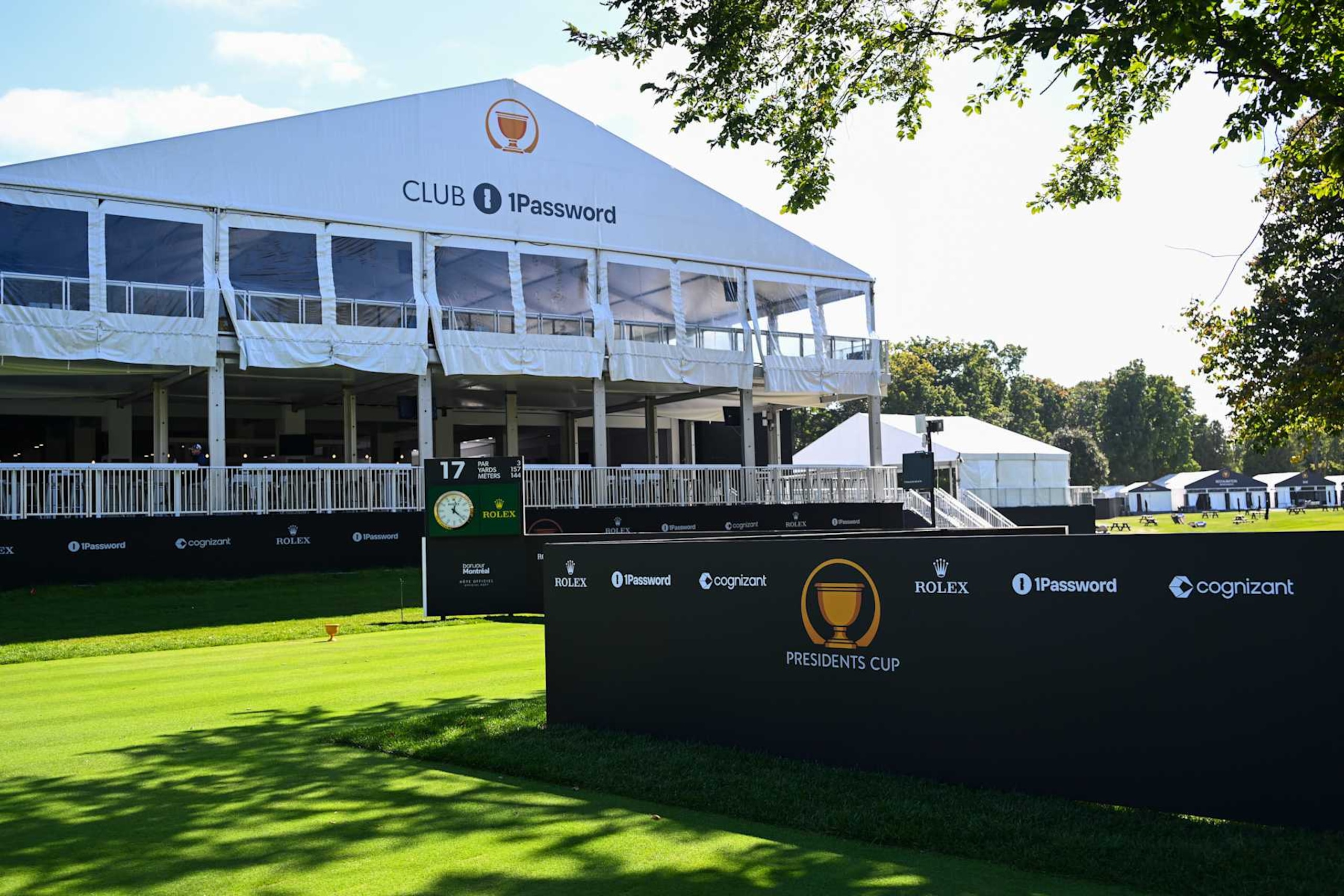 MONTREAL, QUEBEC - SEPTEMBER 22: A view of the 17th tee box and Club 1Password hospitality prior to Presidents Cup at The Royal Montreal Golf Club on September 22, 2024 in Montreal, Quebec, Canada. (Photo by Tracy Wilcox/PGA TOUR via Getty Images) MONTREAL, QUEBEC - SEPTEMBER 22: A view of the 17th tee box and Club 1Password hospitality prior to Presidents Cup at The Royal Montreal Golf Club on September 22, 2024 in Montreal, Quebec, Canada. (Photo by Tracy Wilcox/PGA TOUR via Getty Images)