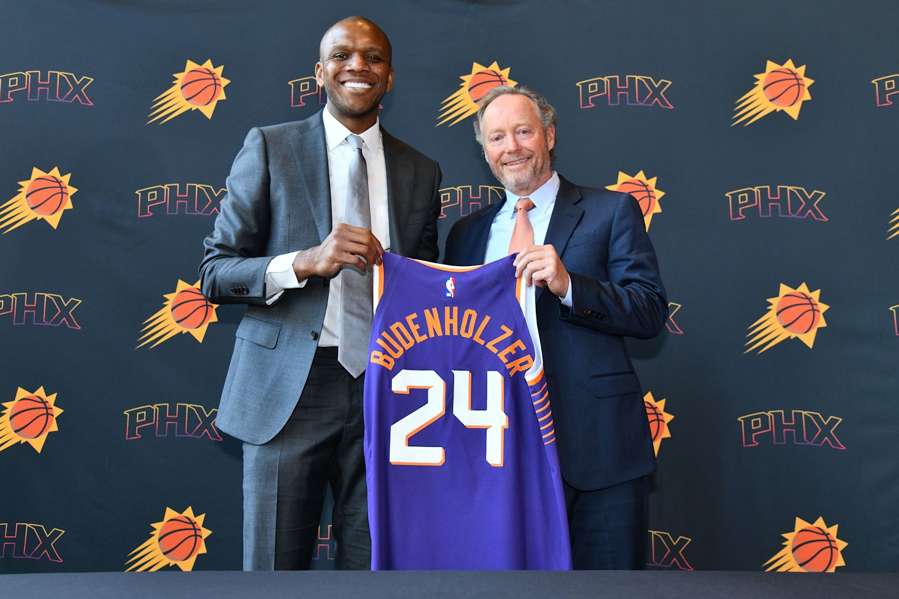 PHOENIX, AZ - MAY 17: General manager James Jones and new head coach Mike Budenholzer of the Phoenix Suns poses for a portraits during his introductory press conference on May 17, 2024, at the Footprint Center in Phoenix, Arizona. NOTE TO USER: User expressly acknowledges and agrees that, by downloading and or using this Photograph, user is consenting to the terms and conditions of the Getty Images License Agreement. Mandatory Copyright Notice: Copyright 2024 NBAE (Photo by Barry Gossage / NBAE via Getty Images)