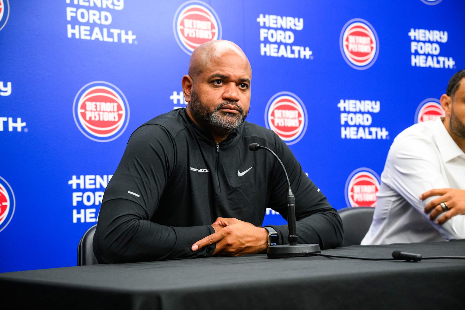 DETROIT, MI - JULY 10: New Head Coach J.B. Bickerstaff of the Detroit Pistons addresses the media during a press conference on July 10, 2024 in Detroit, Michigan. NOTE TO USER: User expressly acknowledges and agrees that, by downloading and or using this photograph, User is consenting to the terms and conditions of the Getty Images License Agreement. Mandatory Copyright Notice: Copyright 2024 NBAE (Photo by Chris Schwegler/NBAE via Getty Images)