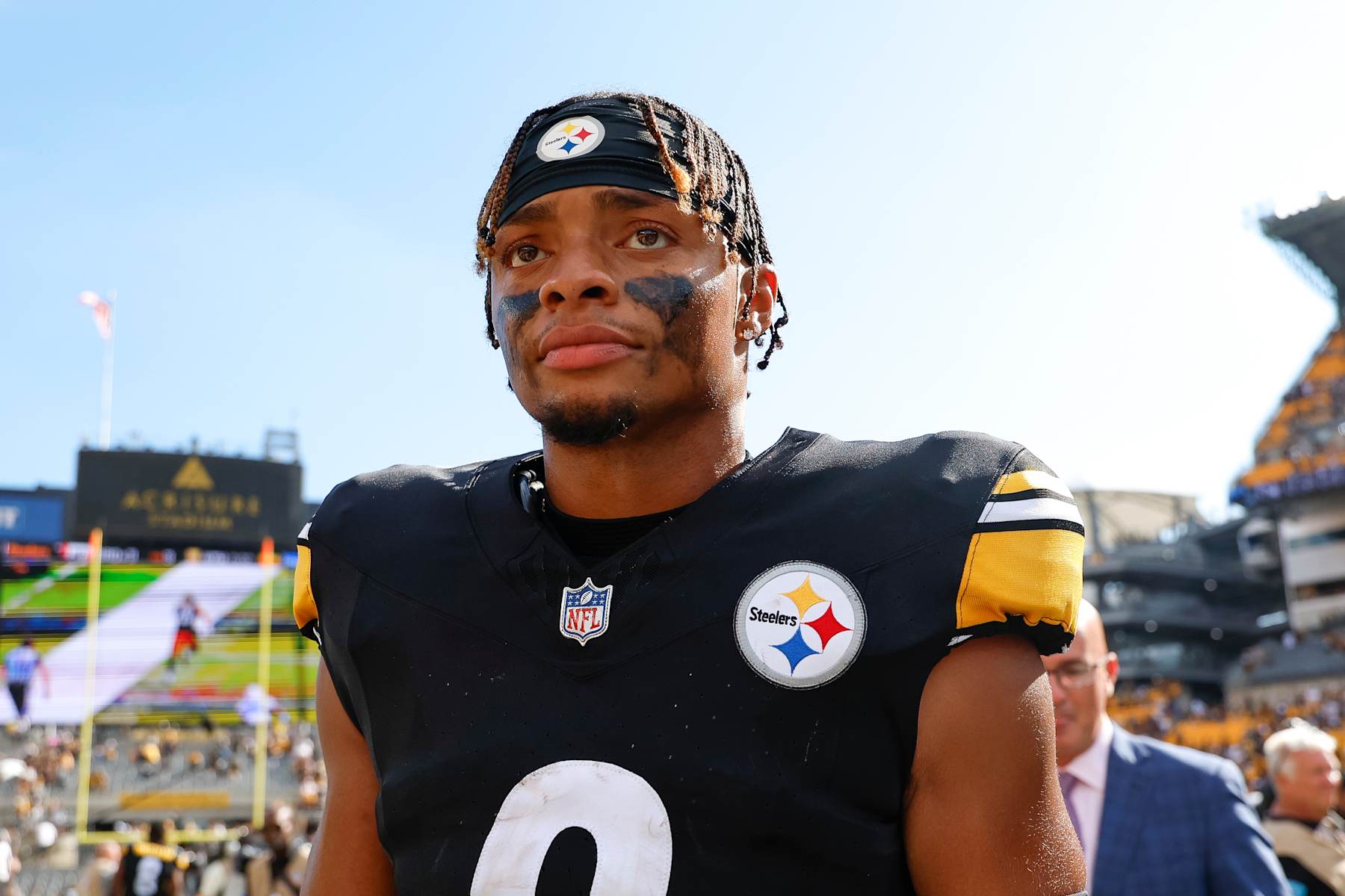 PITTSBURGH, PENNSYLVANIA - SEPTEMBER 22: Justin Fields #2 of the Pittsburgh Steelers walks on the field after defeating the Los Angeles Chargers 20-10 during a team victory at Acrisure Stadium on September 22, 2024 in Pittsburgh, Pennsylvania. (Photo by Brandon Sloter/Getty Images)