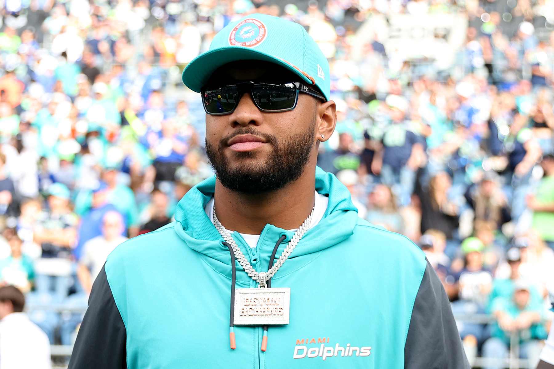 SEATTLE, WASHINGTON - SEPTEMBER 22: Tua Tagovailoa #1 of the Miami Dolphins looks on after the game against the Seattle Seahawks at Lumen Field on September 22, 2024 in Seattle, Washington. (Photo by Steph Chambers/Getty Images)