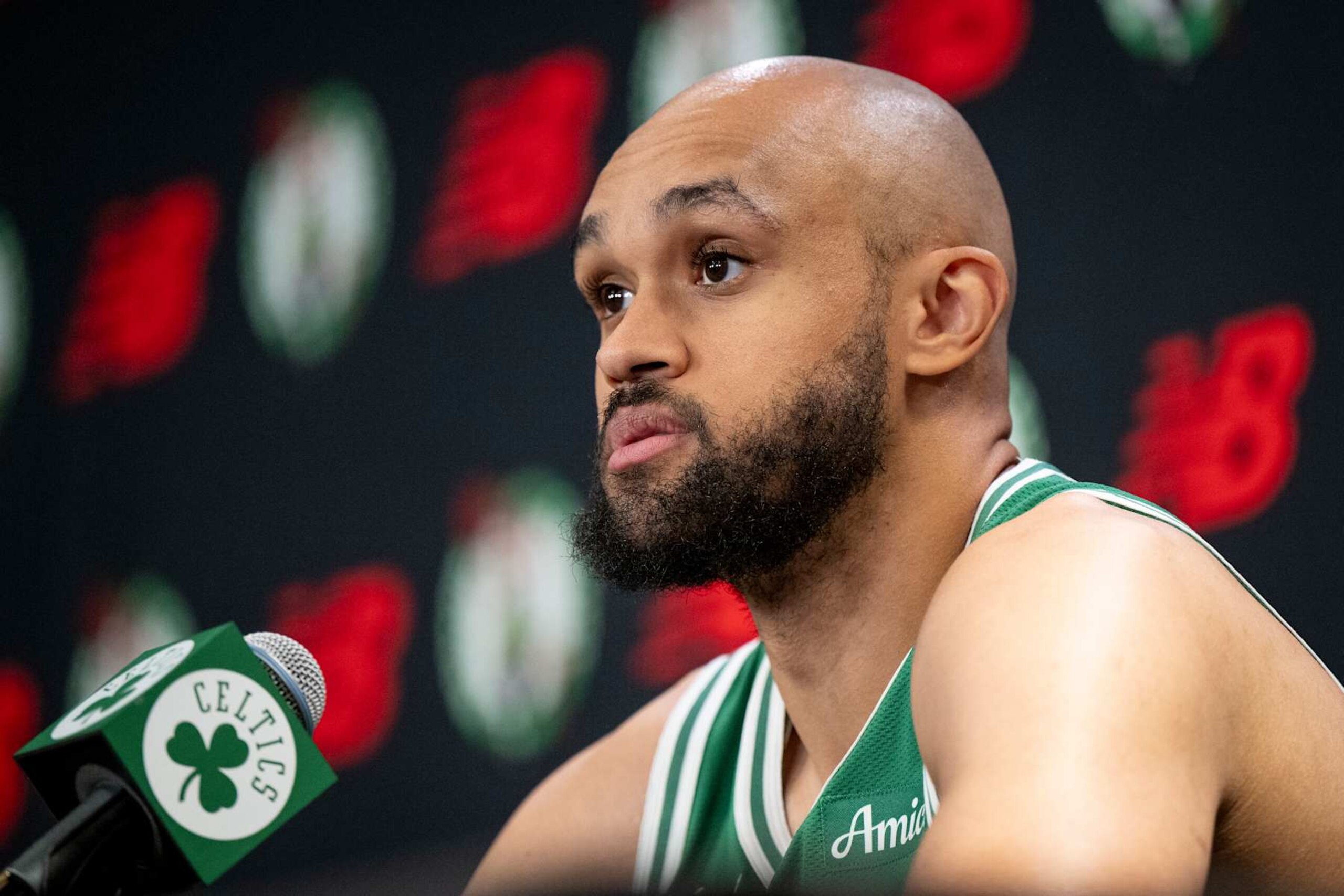 BOSTON, MASSACHUSETTS - SEPTEMBER 24: Derrick White #9 of the Boston Celtics speaks to the media during Boston Celtics Media Day at The Auerbach Center on September 24, 2024 in Boston, Massachusetts. NOTE TO USER: User expressly acknowledges and agrees that, by downloading and or using this photograph, User is consenting to the terms and conditions of the Getty Images License Agreement. (Photo by Maddie Malhotra/Getty Images)
