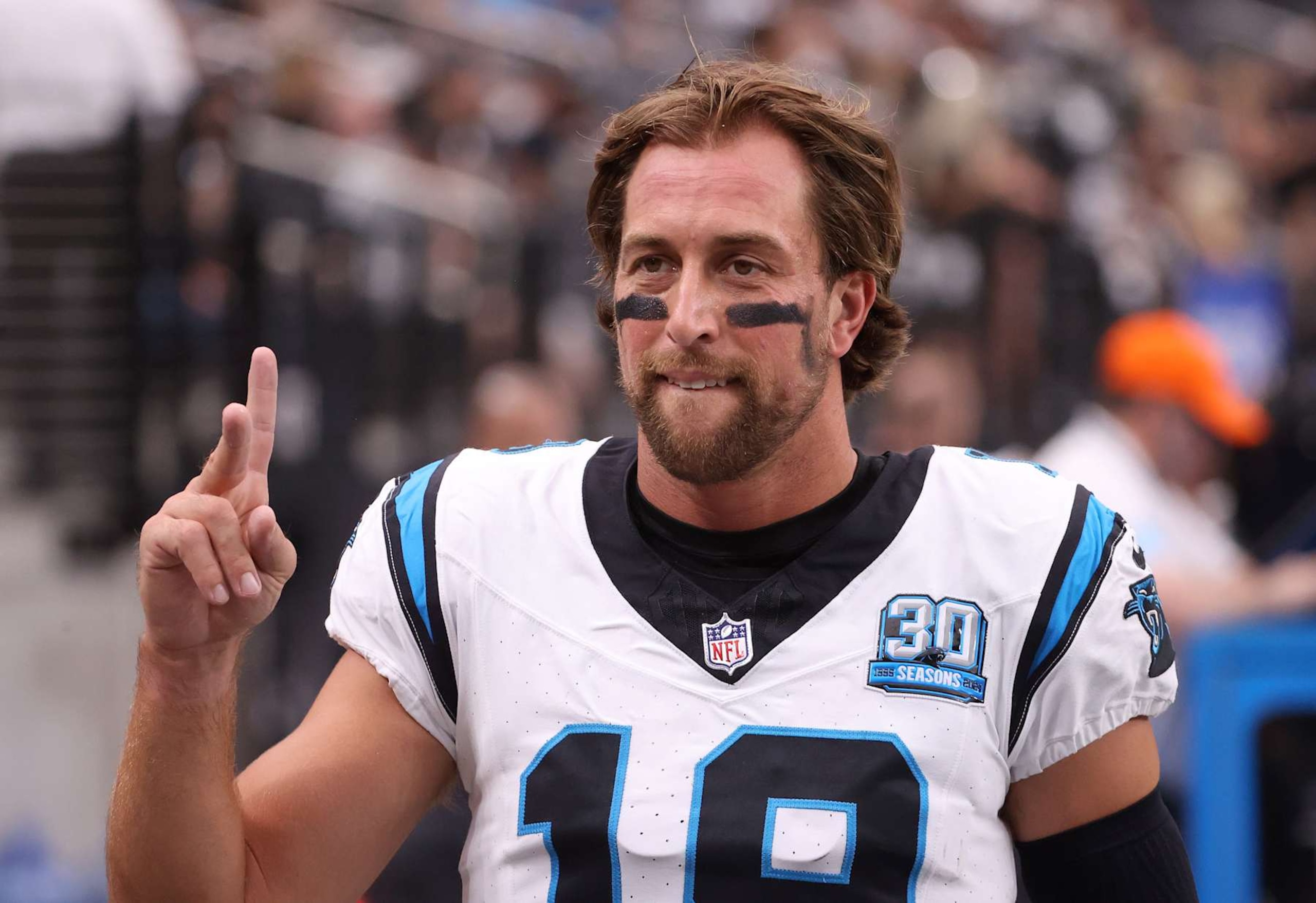 LAS VEGAS, NEVADA - SEPTEMBER 22: Adam Thielen #19 of the Carolina Panthers warms up prior to a game against the Las Vegas Raiders at Allegiant Stadium on September 22, 2024 in Las Vegas, Nevada. (Photo by Ian Maule/Getty Images) LAS VEGAS, NEVADA - SEPTEMBER 22: Adam Thielen #19 of the Carolina Panthers warms up prior to a game against the Las Vegas Raiders at Allegiant Stadium on September 22, 2024 in Las Vegas, Nevada. (Photo by Ian Maule/Getty Images)