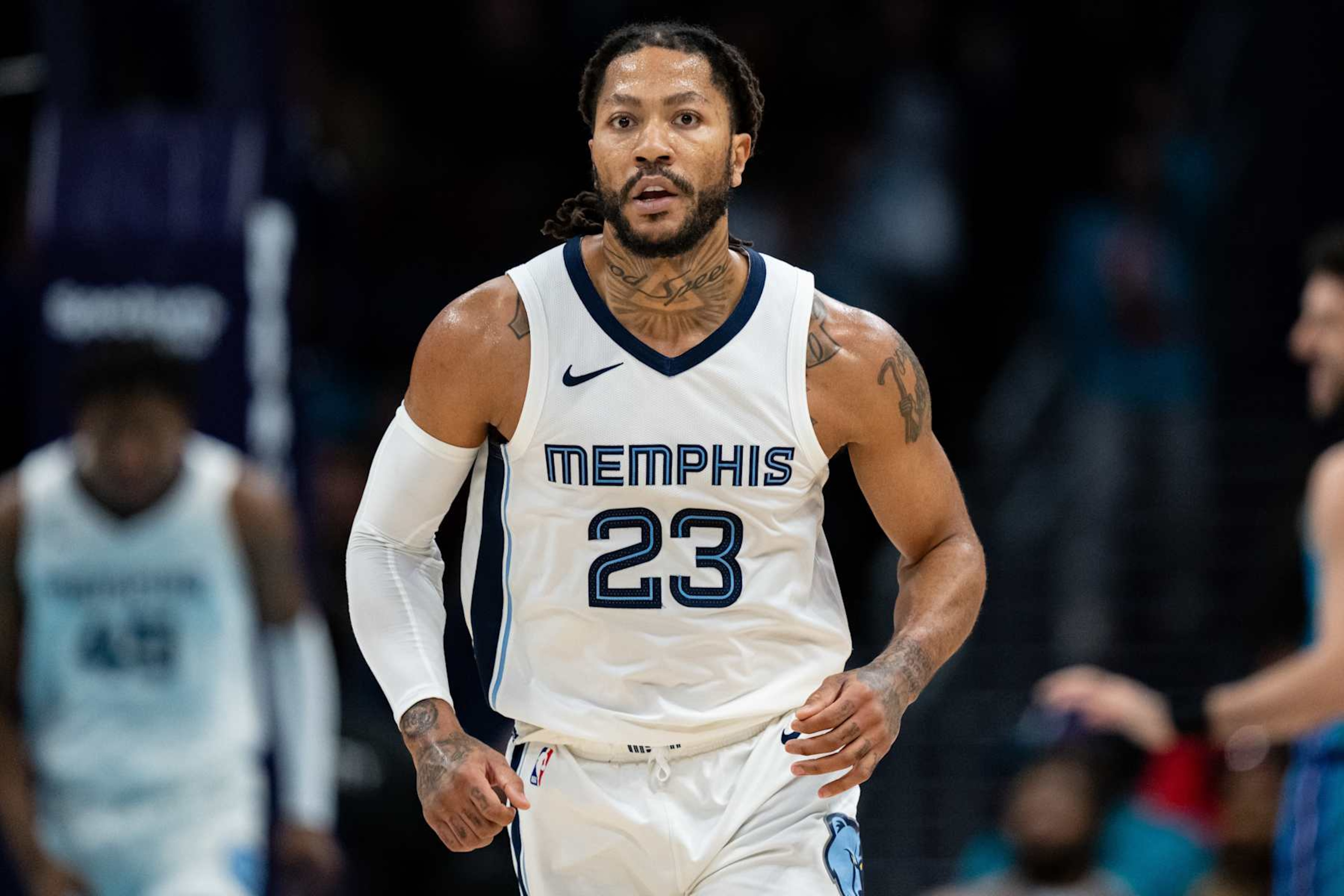 CHARLOTTE, NORTH CAROLINA - FEBRUARY 10: Derrick Rose #23 of the Memphis Grizzlies looks on during their game against the Charlotte Hornets at Spectrum Center on February 10, 2024 in Charlotte, North Carolina. NOTE TO USER: User expressly acknowledges and agrees that, by downloading and or using this photograph, User is consenting to the terms and conditions of the Getty Images License Agreement. (Photo by Jacob Kupferman/Getty Images)