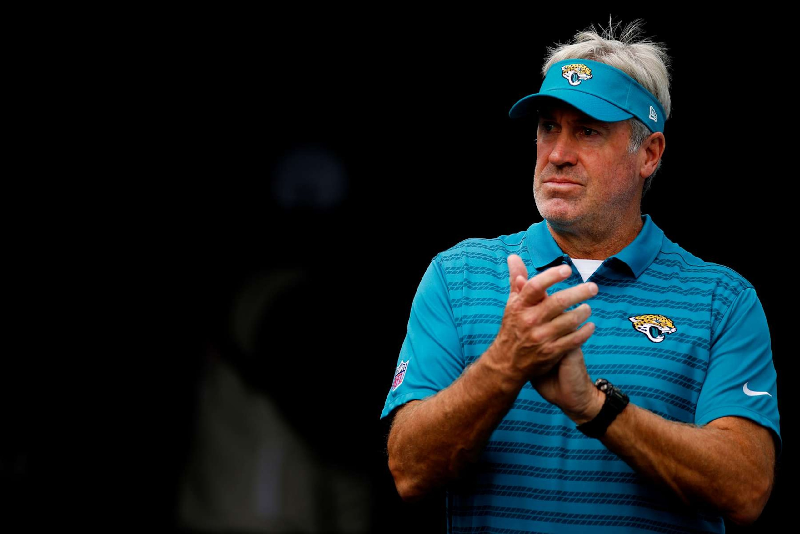 JACKSONVILLE, FLORIDA - SEPTEMBER 15: Jacksonville Jaguars head coach Doug Pederson walks the field prior to the game at TrEver Bank Stadium on September 15, 2024 in Jacksonville, Florida. (Photo by Mike Ehrmann/Getty Images)