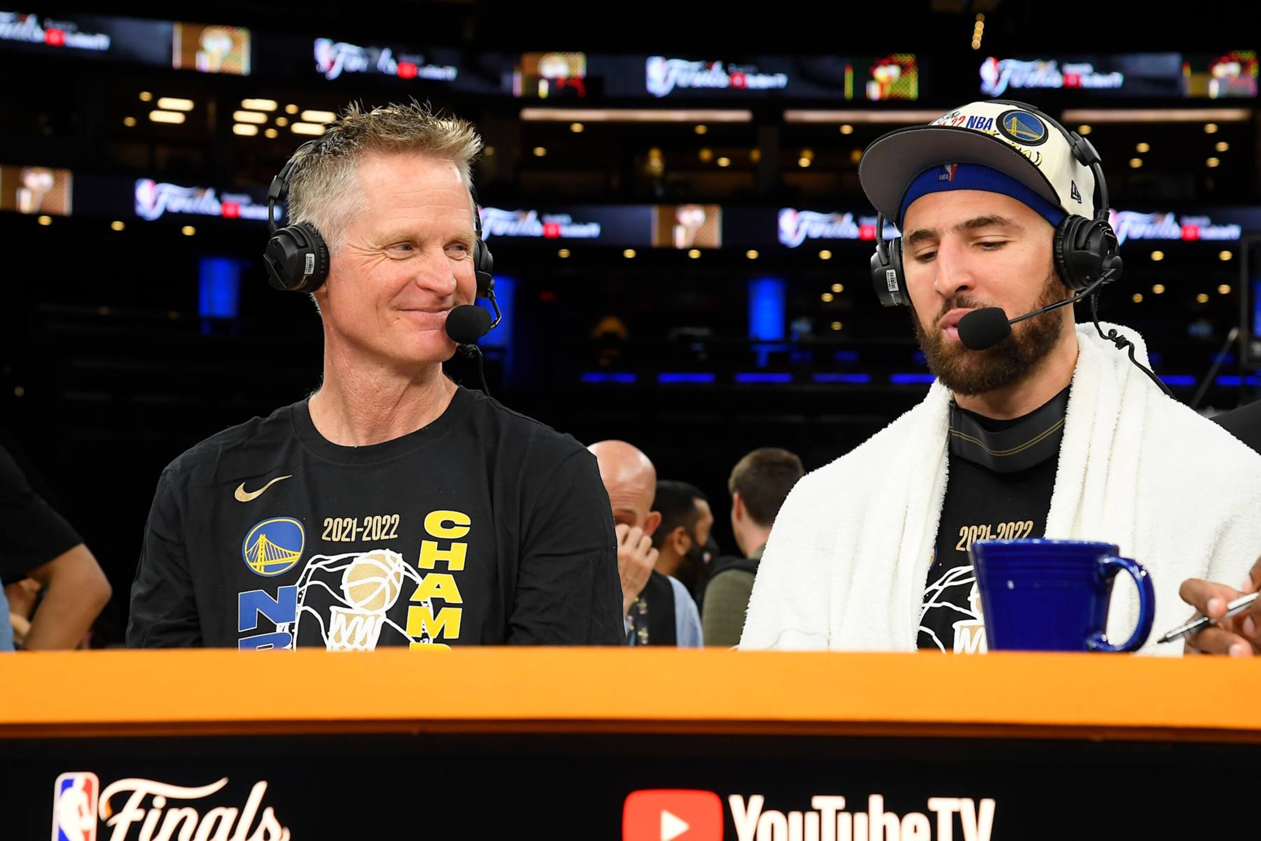 BOSTON, MA - JUNE 16: Head Coach Steve Kerr of the Golden State Warriors and Klay Thompson #11 talks to the media after Game Six of the 2022 NBA Finals on June 16, 2022 at TD Garden in Boston, Massachusetts. NOTE TO USER: User expressly acknowledges and agrees that, by downloading and or using this photograph, user is consenting to the terms and conditions of Getty Images License Agreement. Mandatory Copyright Notice: Copyright 2022 NBAE (Photo by Brian Babineau/NBAE via Getty Images)