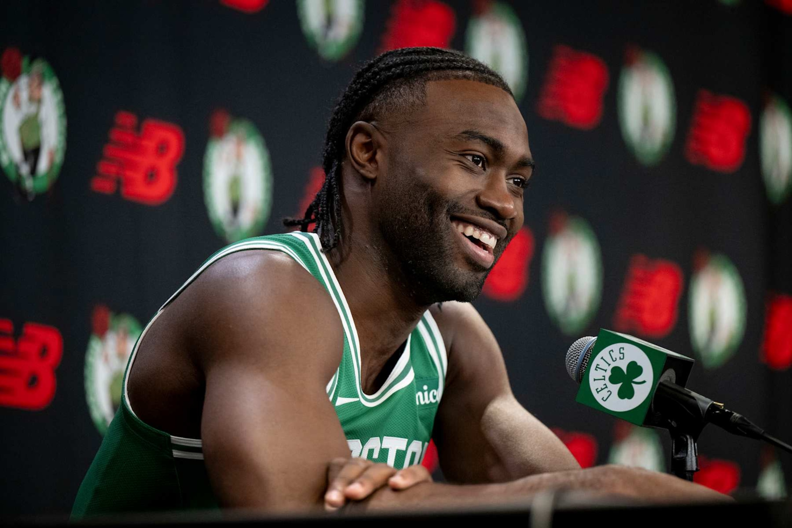 BOSTON, MASSACHUSETTS - SEPTEMBER 24: Jaylen Brown #7 of the Boston Celtics speaks to the media during Boston Celtics Media Day at The Auerbach Center on September 24, 2024 in Boston, Massachusetts. NOTE TO USER: User expressly acknowledges and agrees that, by downloading and or using this photograph, User is consenting to the terms and conditions of the Getty Images License Agreement. (Photo by Maddie Malhotra/Getty Images)