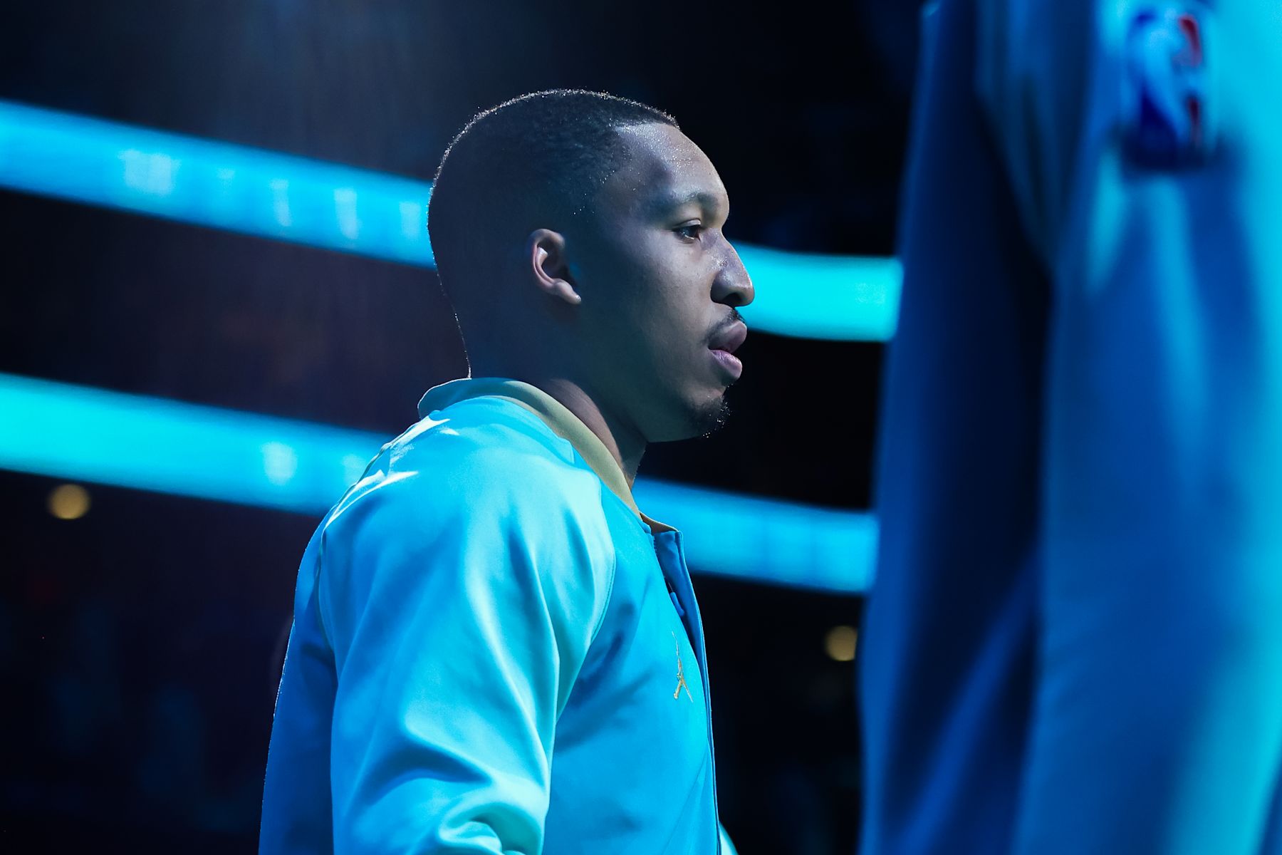 CHARLOTTE, NORTH CAROLINA - APRIL 09: Grant Williams #2 of the Charlotte Hornets is introduced before an NBA game against the Dallas Mavericks at Spectrum Center on April 09, 2024 in Charlotte, North Carolina. NOTE TO USER: User expressly acknowledges and agrees that, by downloading and or using this photograph, User is consenting to the terms and conditions of the Getty Images License Agreement. (Photo by David Jensen/Getty Images)