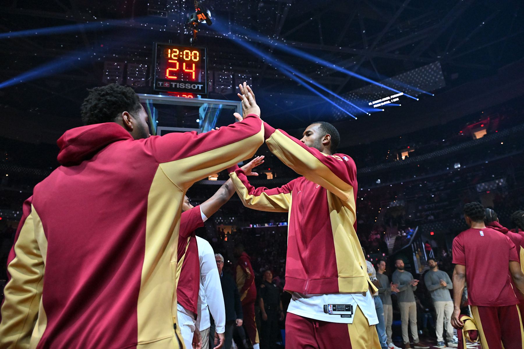 CLEVELAND, OHIO - OCTOBER 12: Donovan Mitchell #45 celebrates with Evan Mobley #4 of the Cleveland Cavaliers prior to the start of a preseason game against the Orlando Magic at Rocket Mortgage Fieldhouse on October 12, 2023 in Cleveland, Ohio. The Magic defeated the Cavaliers 108-105. NOTE TO USER: User expressly acknowledges and agrees that, by downloading and or using this photograph, User is consenting to the terms and conditions of the Getty Images License Agreement. (Photo by Jason Miller/Getty Images)