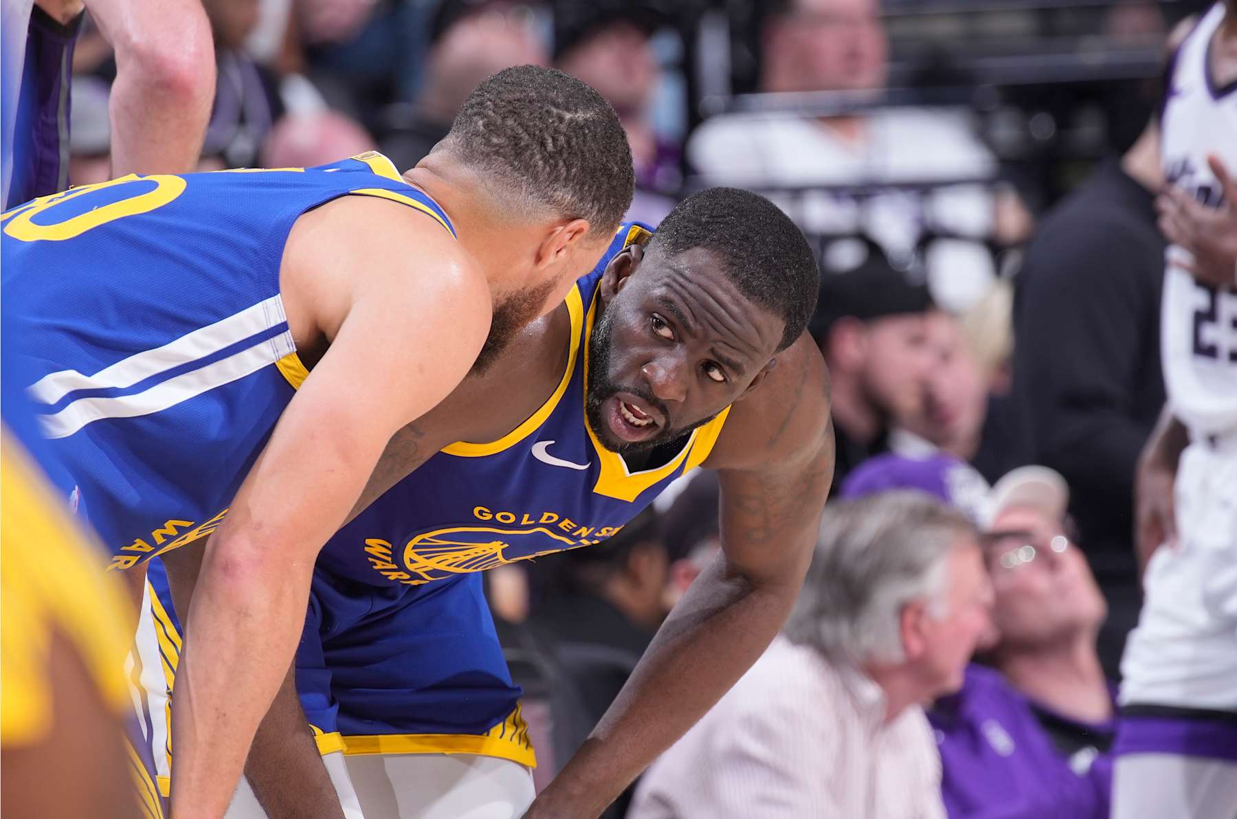 SACRAMENTO, CA - APRIL 16: Stephen Curry #30 and Draymond Green #23 of the Golden State Warriors talk during the game against the Sacramento Kings during the 2024 Play-In Tournament on April 16, 2024 at Golden 1 Center in Sacramento, California. NOTE TO USER: User expressly acknowledges and agrees that, by downloading and or using this photograph, User is consenting to the terms and conditions of the Getty Images Agreement. Mandatory Copyright Notice: Copyright 2024 NBAE (Photo by Rocky Widner/NBAE via Getty Images)