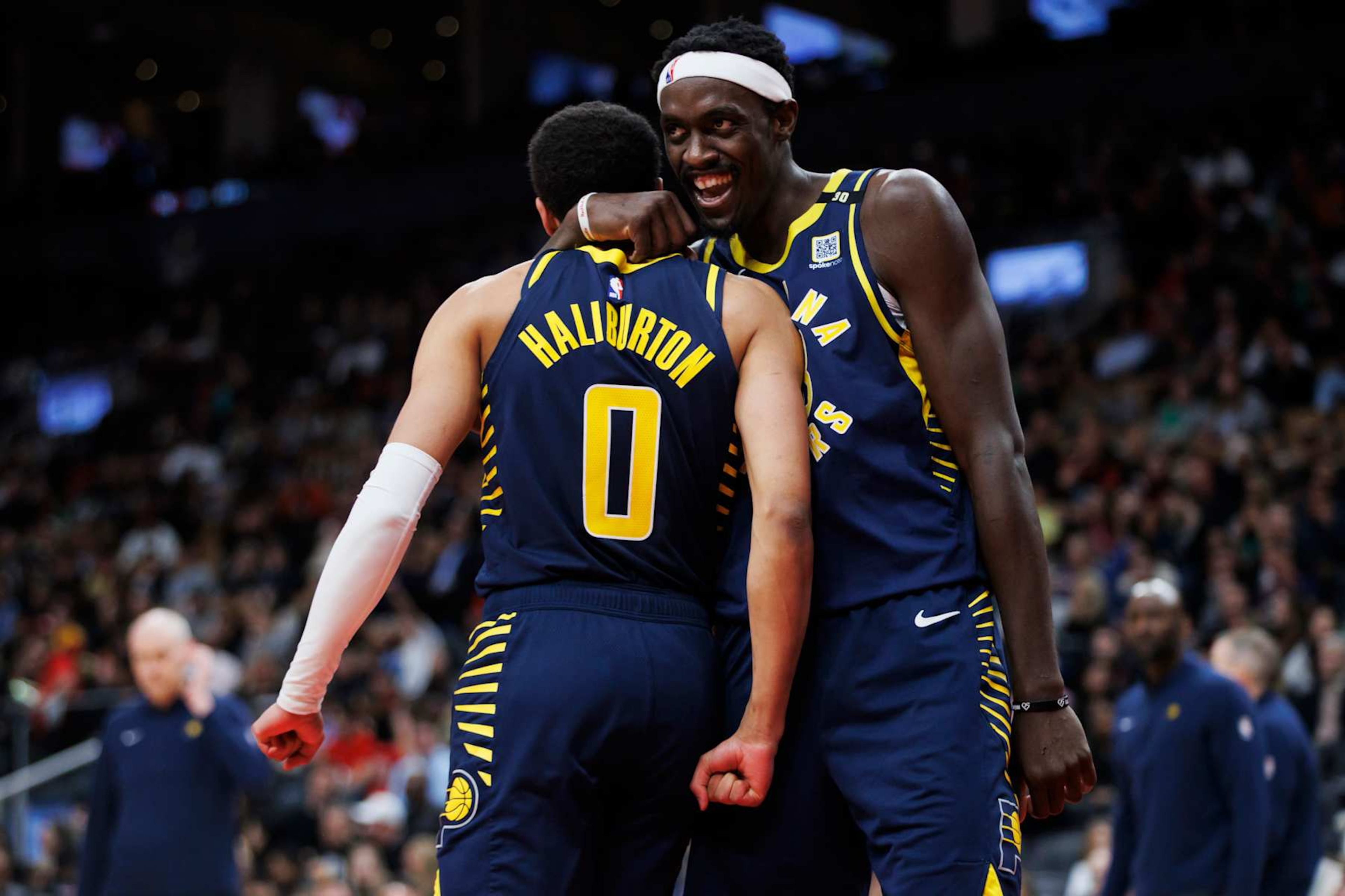 TORONTO, CANADA - APRIL 9: Tyrese Haliburton #0 and Pascal Siakam #43 of the Indiana Pacers react against the Toronto Raptors during second half of their NBA game at Scotiabank Arena on April 9, 2024 in Toronto, Canada. NOTE TO USER: User expressly acknowledges and agrees that, by downloading and or using this photograph, User is consenting to the terms and conditions of the Getty Images License Agreement. (Photo by Cole Burston/Getty Images)