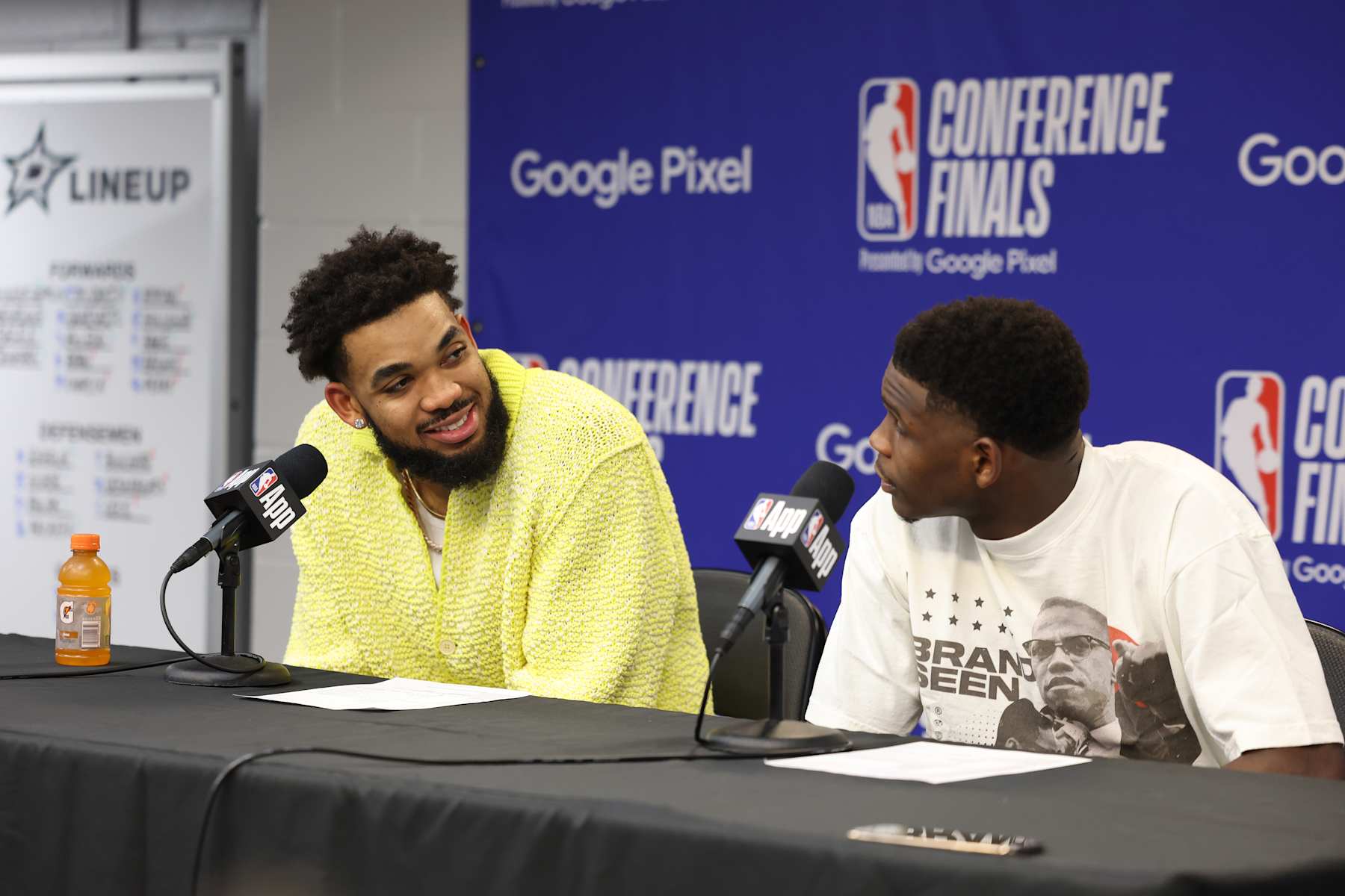DALLAS, TX - MAY 28: Karl-Anthony Towns #32 and Anthony Edwards #5 of the Minnesota Timberwolves are interviewed by the media after the game against the Dallas Mavericks during Round 3 Game 4 of the 2024 NBA Playoffs on May 28, 2024 at the American Airlines Center in Dallas, Texas. NOTE TO USER: User expressly acknowledges and agrees that, by downloading and or using this photograph, User is consenting to the terms and conditions of the Getty Images License Agreement. Mandatory Copyright Notice: Copyright 2024 NBAE (Photo by David Sherman /NBAE via Getty Images)
