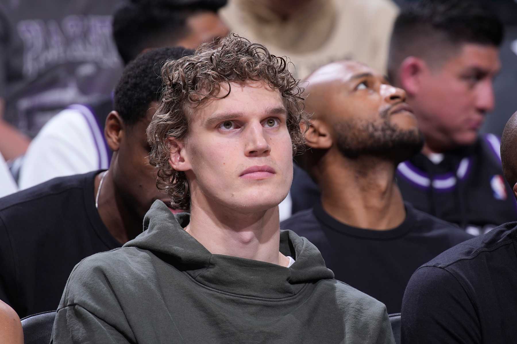 SACRAMENTO, CA - MARCH 31: Lauri Markkanen #23 of the Utah Jazz looks on from the bench during the game against the Sacramento Kings on March 31, 2024 at Golden 1 Center in Sacramento, California. NOTE TO USER: User expressly acknowledges and agrees that, by downloading and or using this photograph, User is consenting to the terms and conditions of the Getty Images Agreement. Mandatory Copyright Notice: Copyright 2024 NBAE (Photo by Rocky Widner/NBAE via Getty Images)