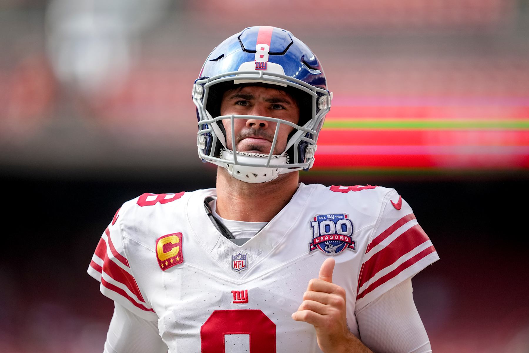 CLEVELAND, OHIO - SEPTEMBER 22: Daniel Jones #8 of the New York Giants looks on against the Cleveland Browns at Huntington Bank Field on September 22, 2024 in Cleveland, Ohio. (Photo by Nic Antaya/Getty Images)