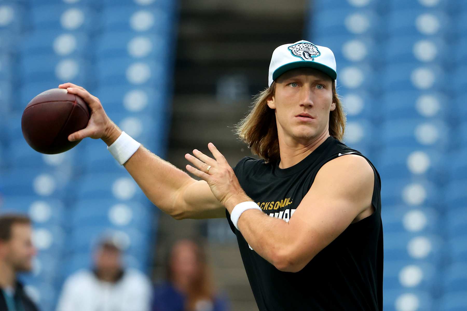 ORCHARD PARK, NEW YORK - SEPTEMBER 23: Trevor Lawrence #16 of the Jacksonville Jaguars warms up prior to the game against the Buffalo Bills at Highmark Stadium on September 23, 2024 in Orchard Park, New York. (Photo by Timothy T Ludwig/Getty Images)